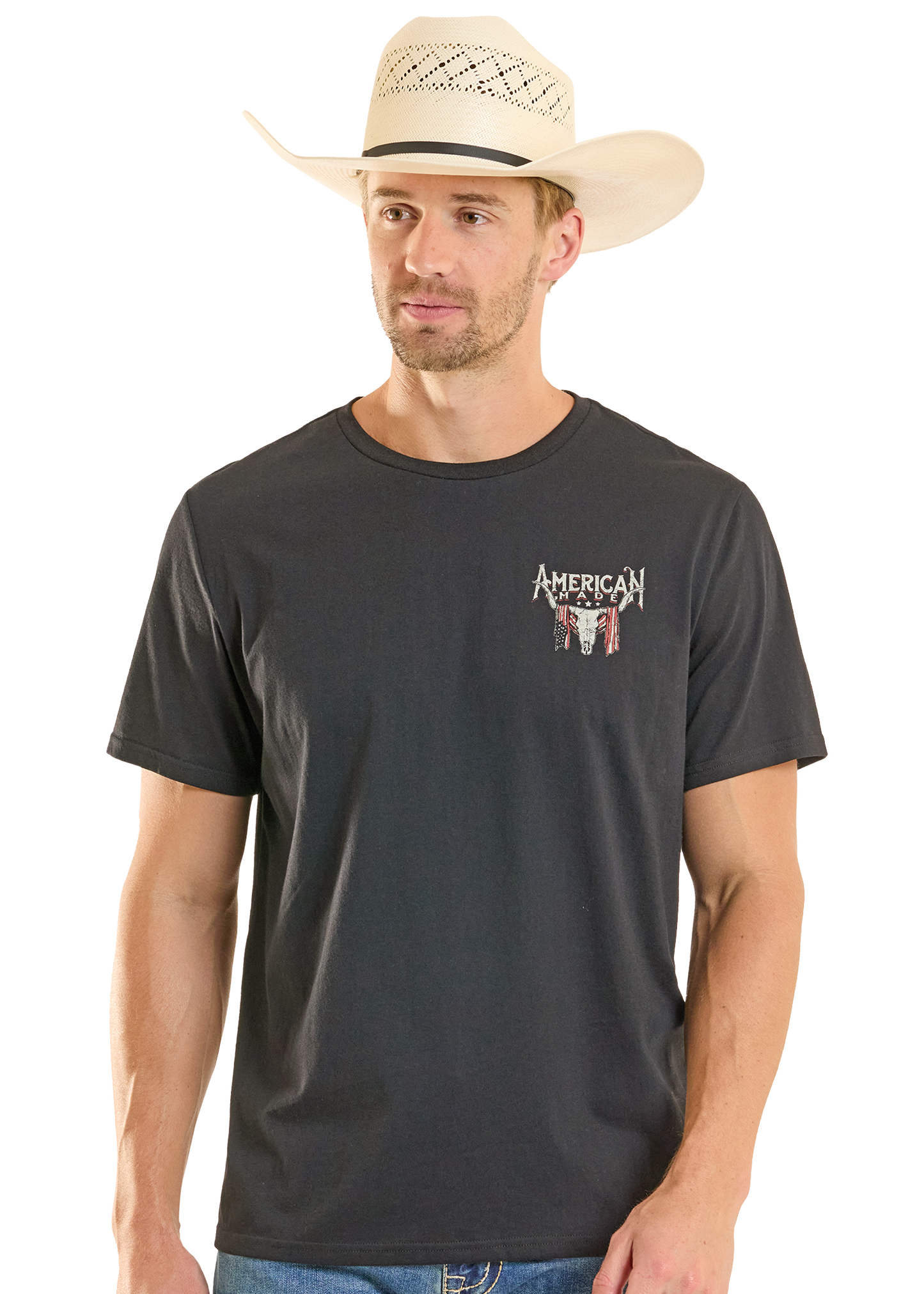 Man wearing a black t-shirt with a logo and a cowboy hat on a white background