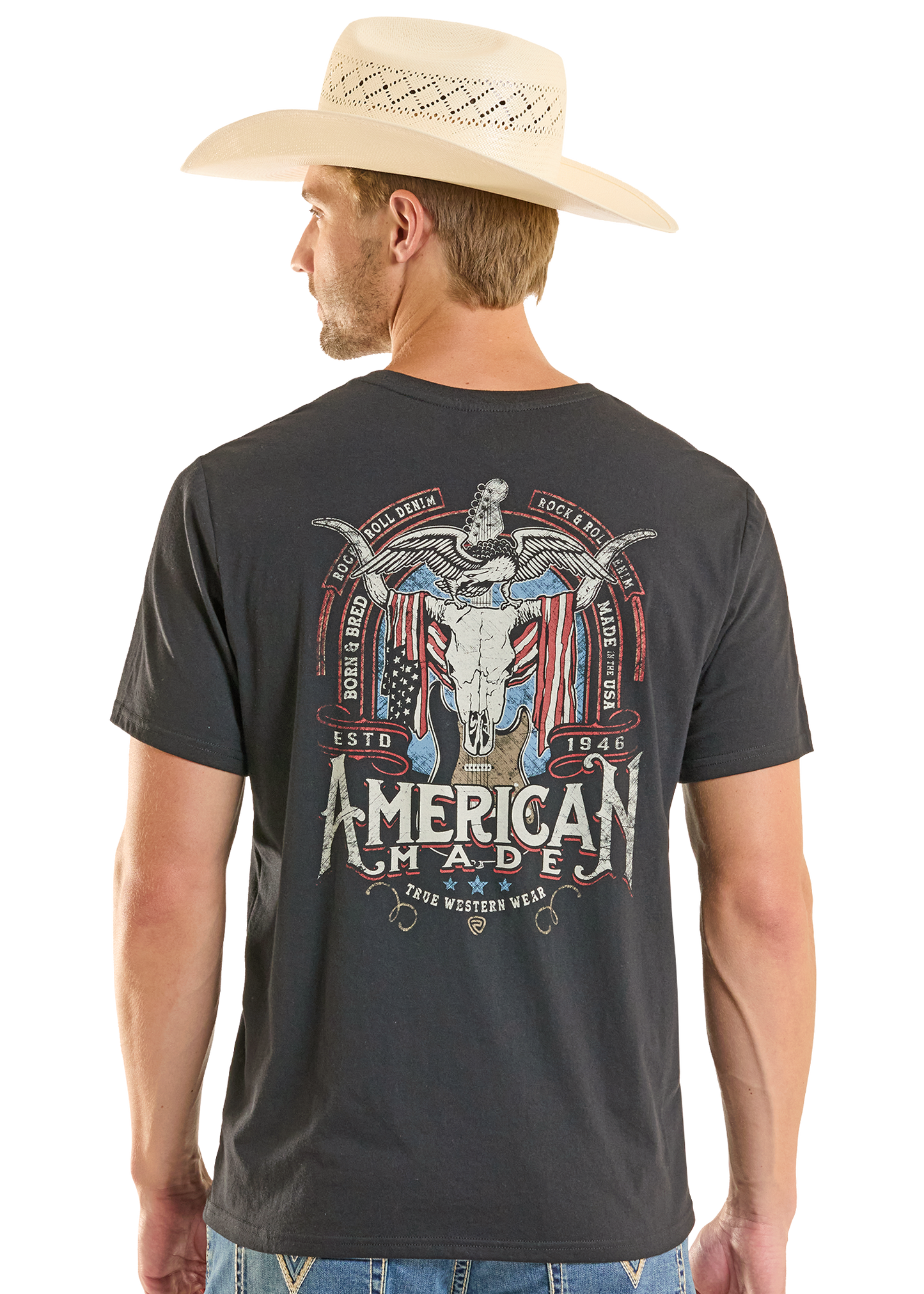 Man wearing a black t-shirt with 'American Made' graphic design on a white background