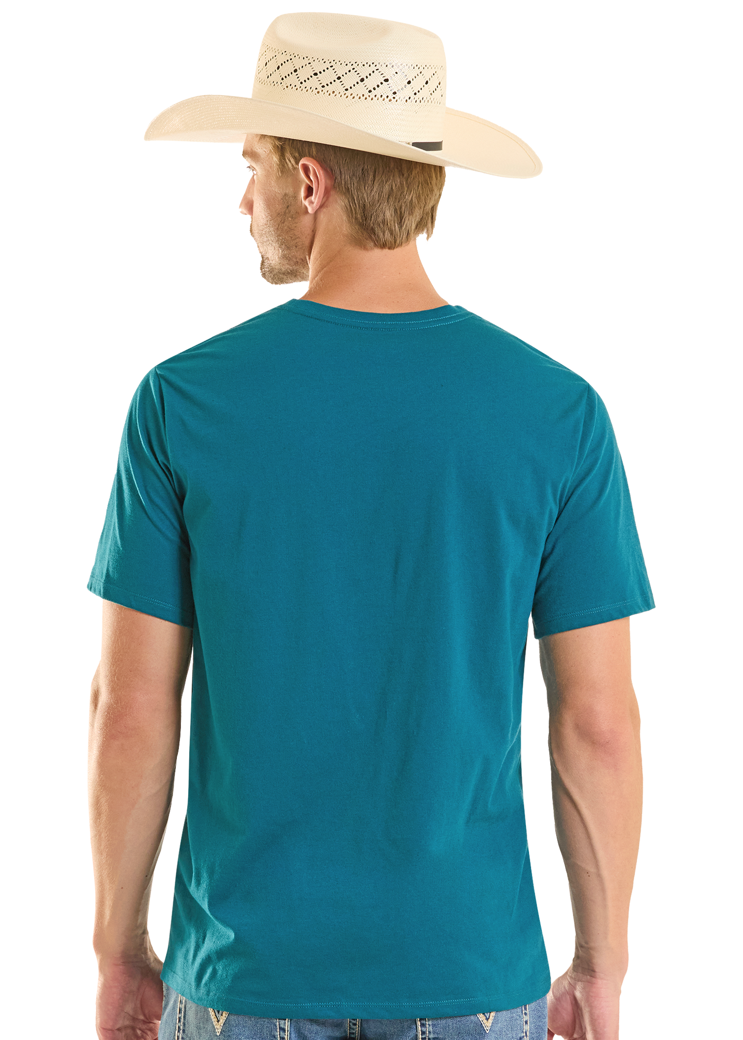 Man wearing a teal t-shirt and straw hat on a white background