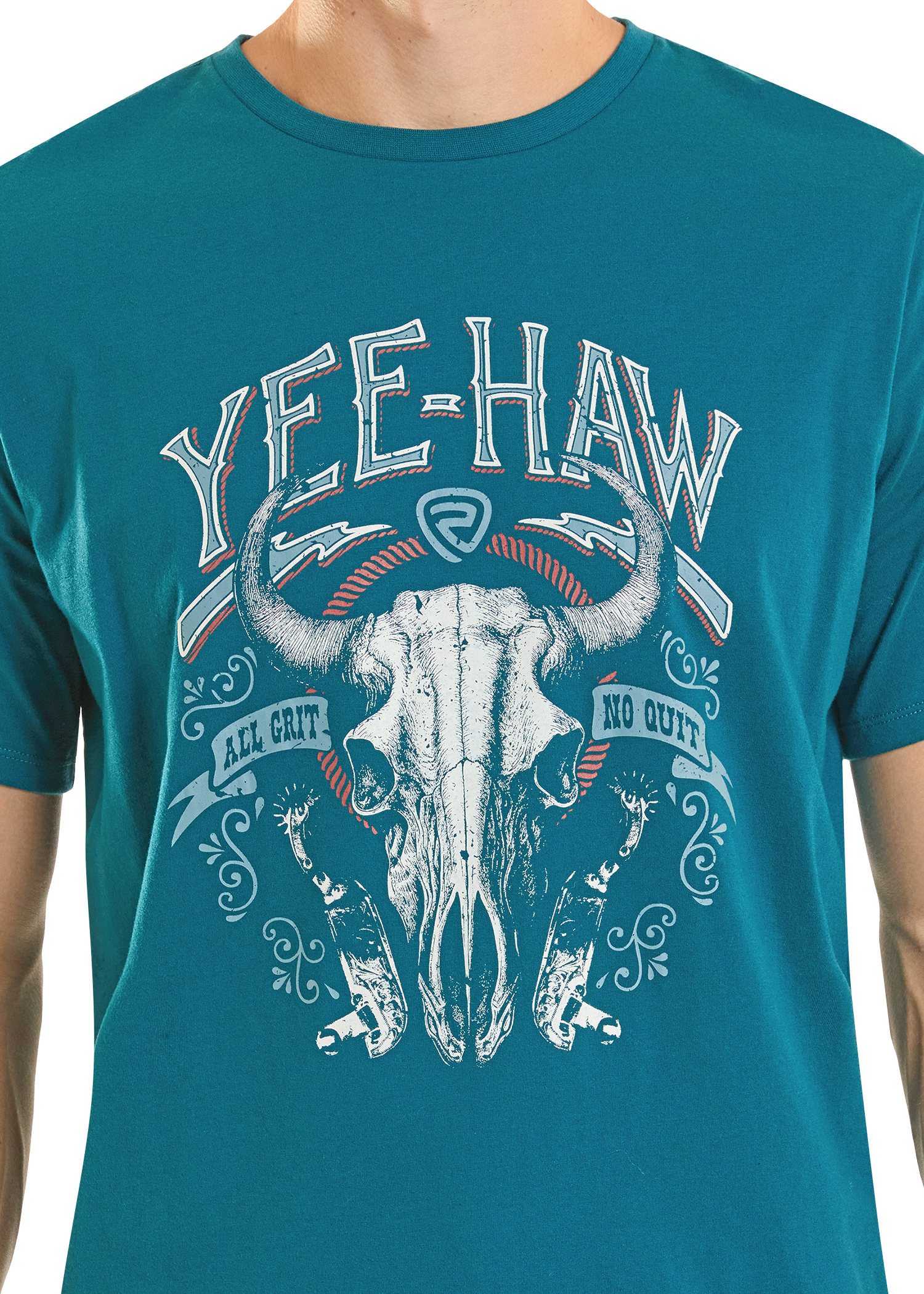 Teal t-shirt with a graphic of a bull skull and 'Yee-Haw' text on a plain background