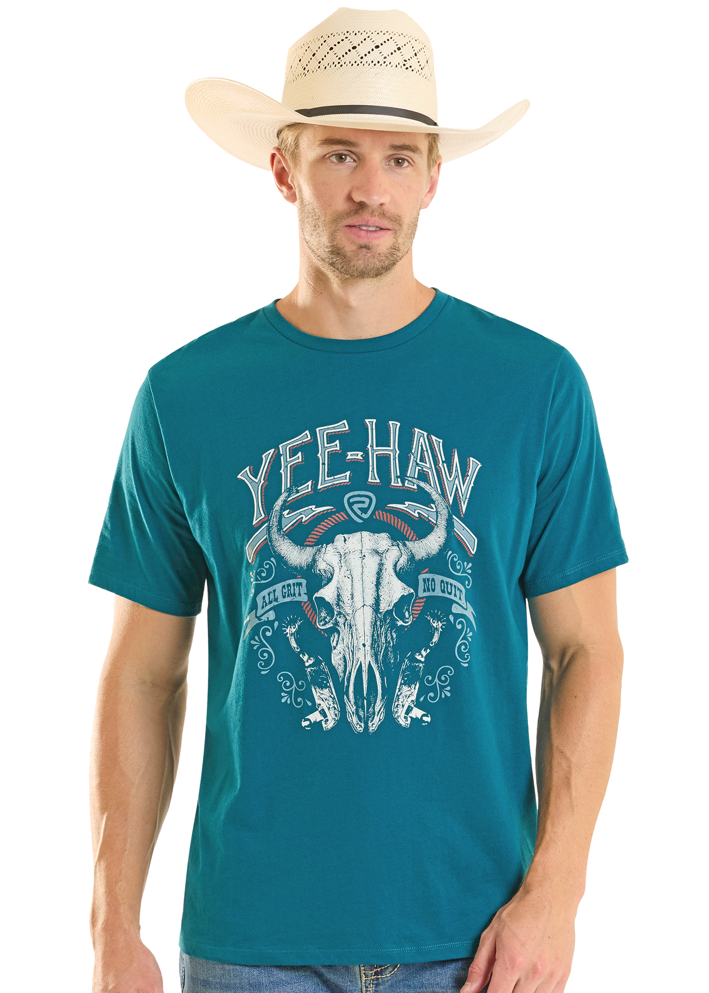 Man wearing a teal t-shirt with 'Yee-Haw' design and a cowboy hat on a white background