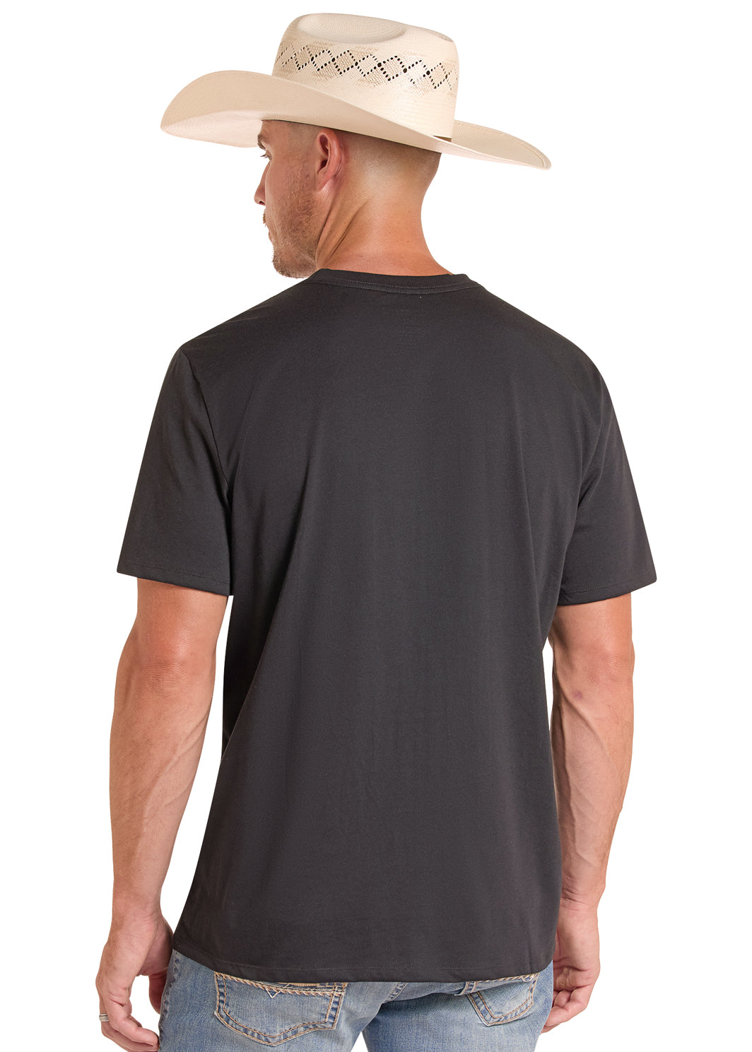 Man wearing a black t-shirt and cowboy hat on a white background