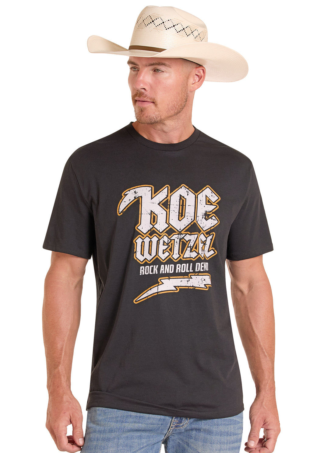 Man wearing a black t-shirt with 'Koe Weitzl' logo and text, standing against a white background.