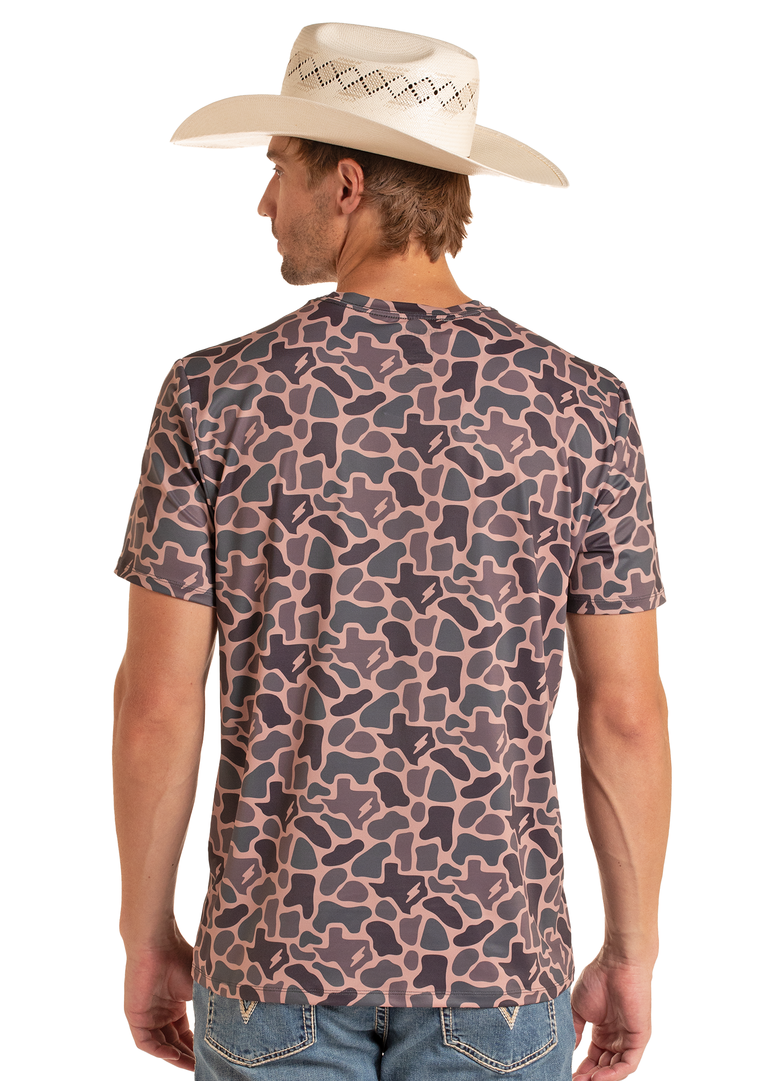 Man wearing a camouflage-patterned shirt and cowboy hat on a white background