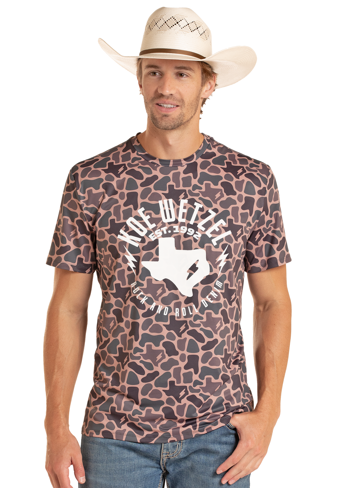 Man wearing a patterned t-shirt with a Koe Wetzel logo and a cowboy hat on a white background