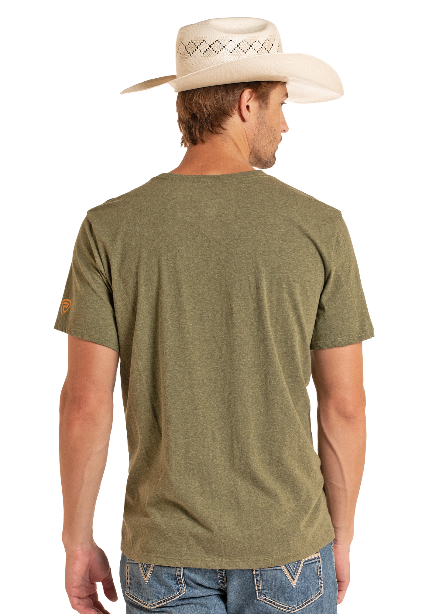 Man wearing a green t-shirt and cowboy hat on a white background