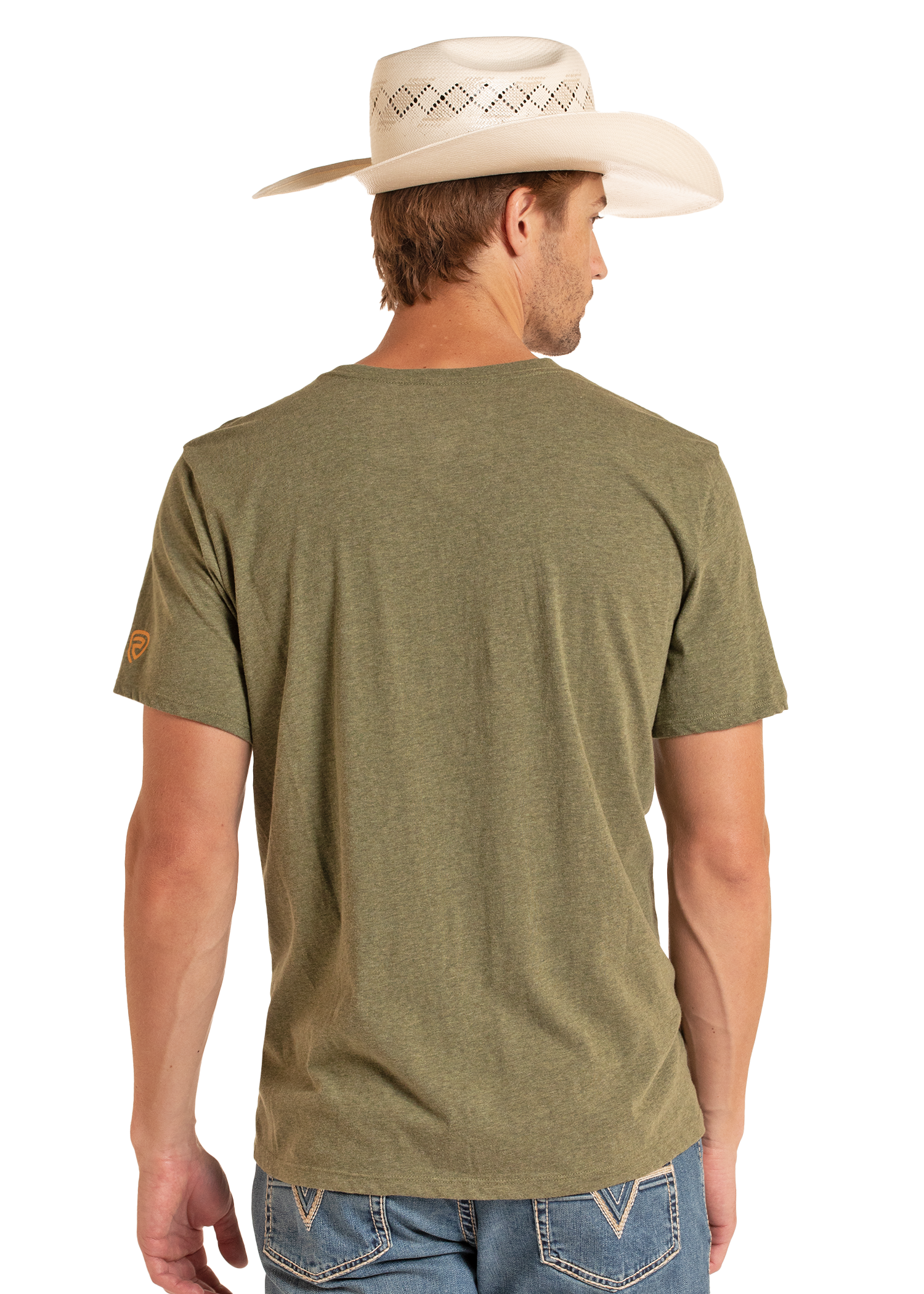 Man wearing a green t-shirt and cowboy hat on a white background