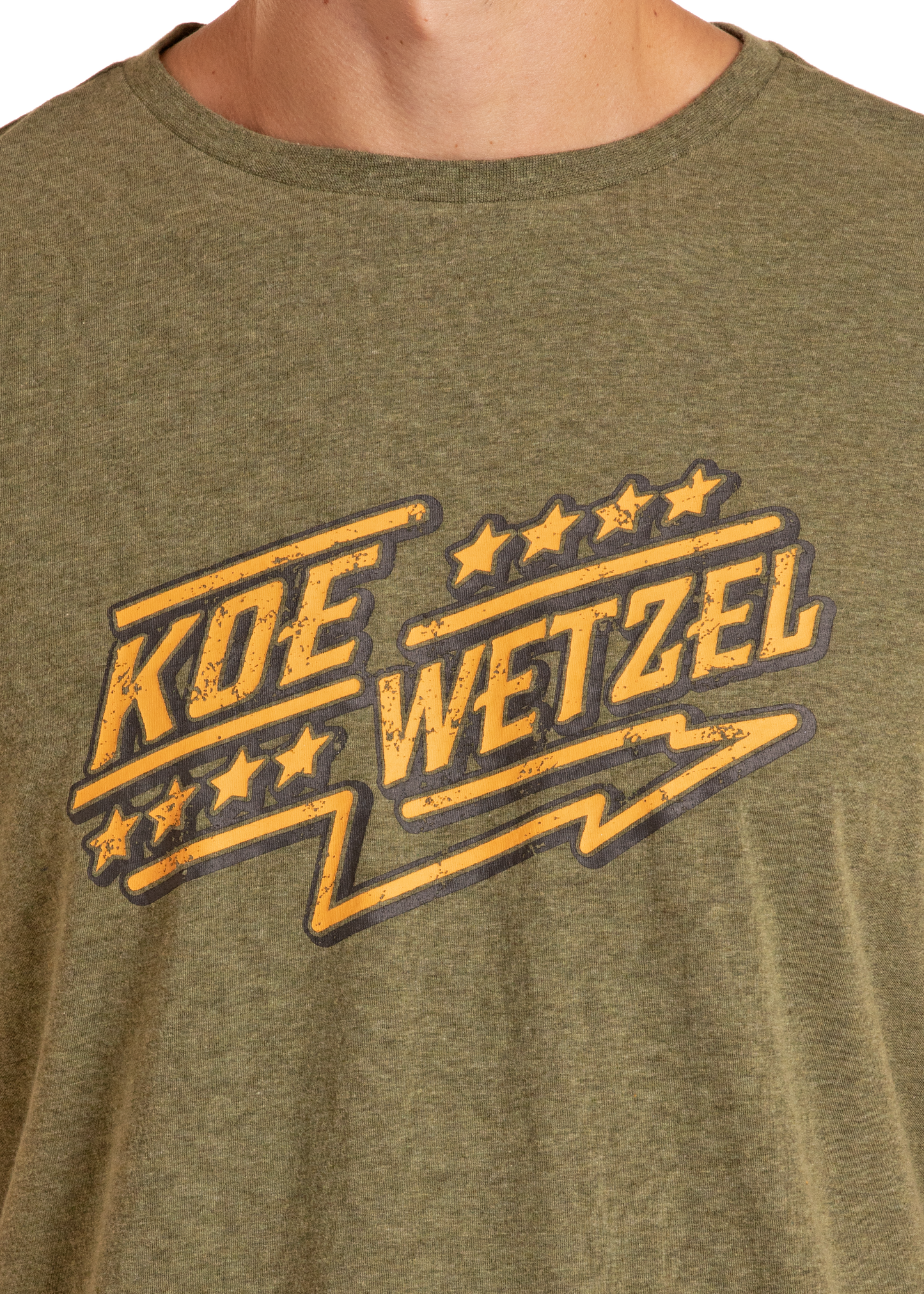 Green t-shirt with 'Koe Wetzel' logo on a plain background