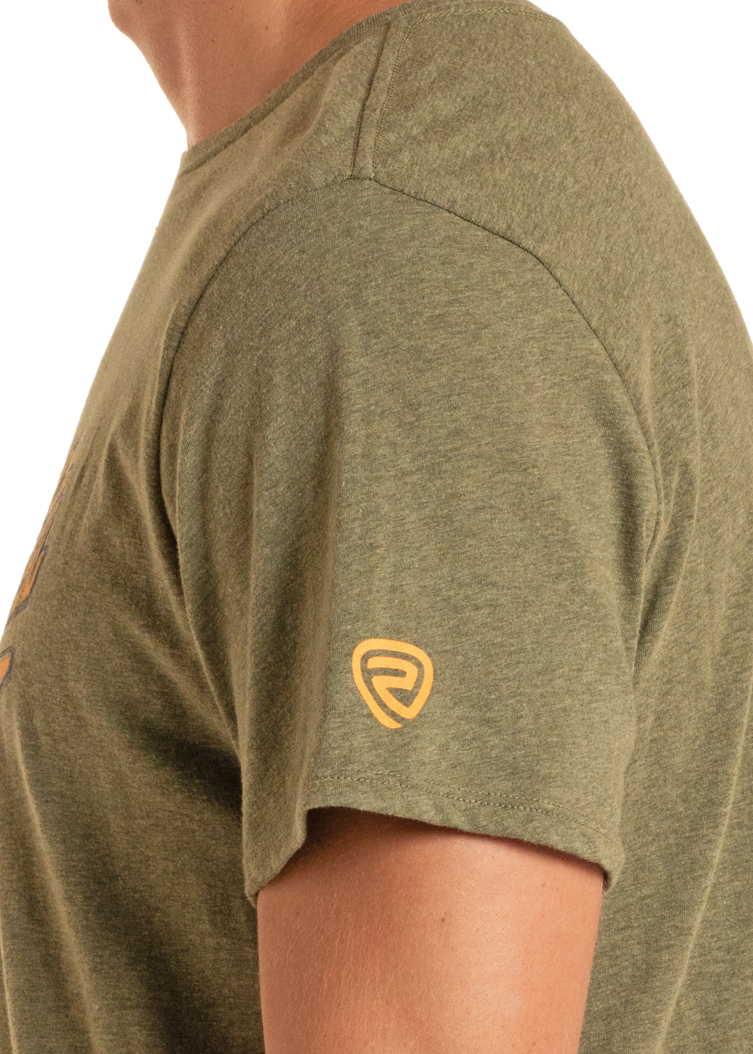 Green t-shirt with a logo on the sleeve against a white background