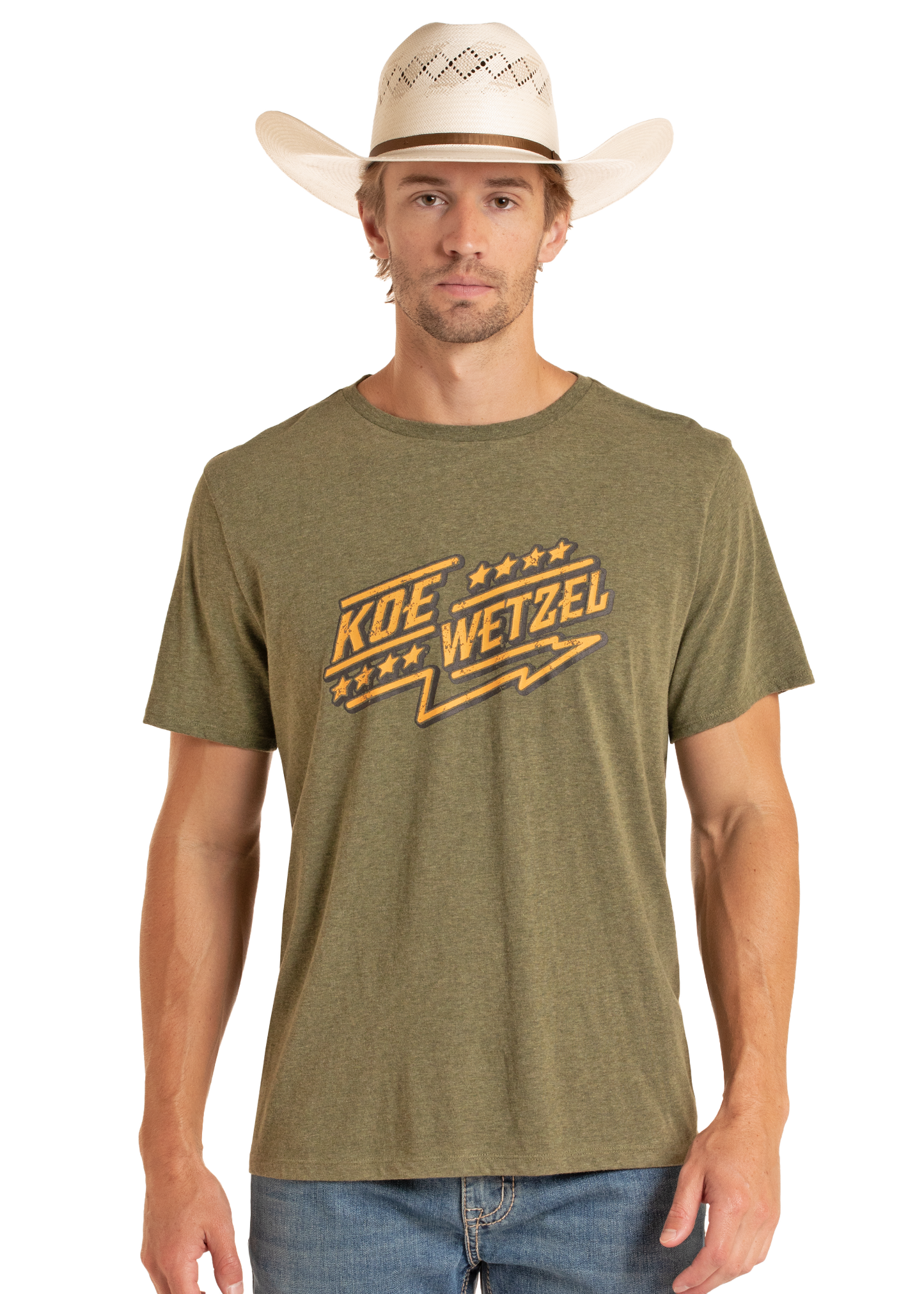 Man wearing a green t-shirt with 'Koe Wetzel' logo and a cowboy hat on a white background