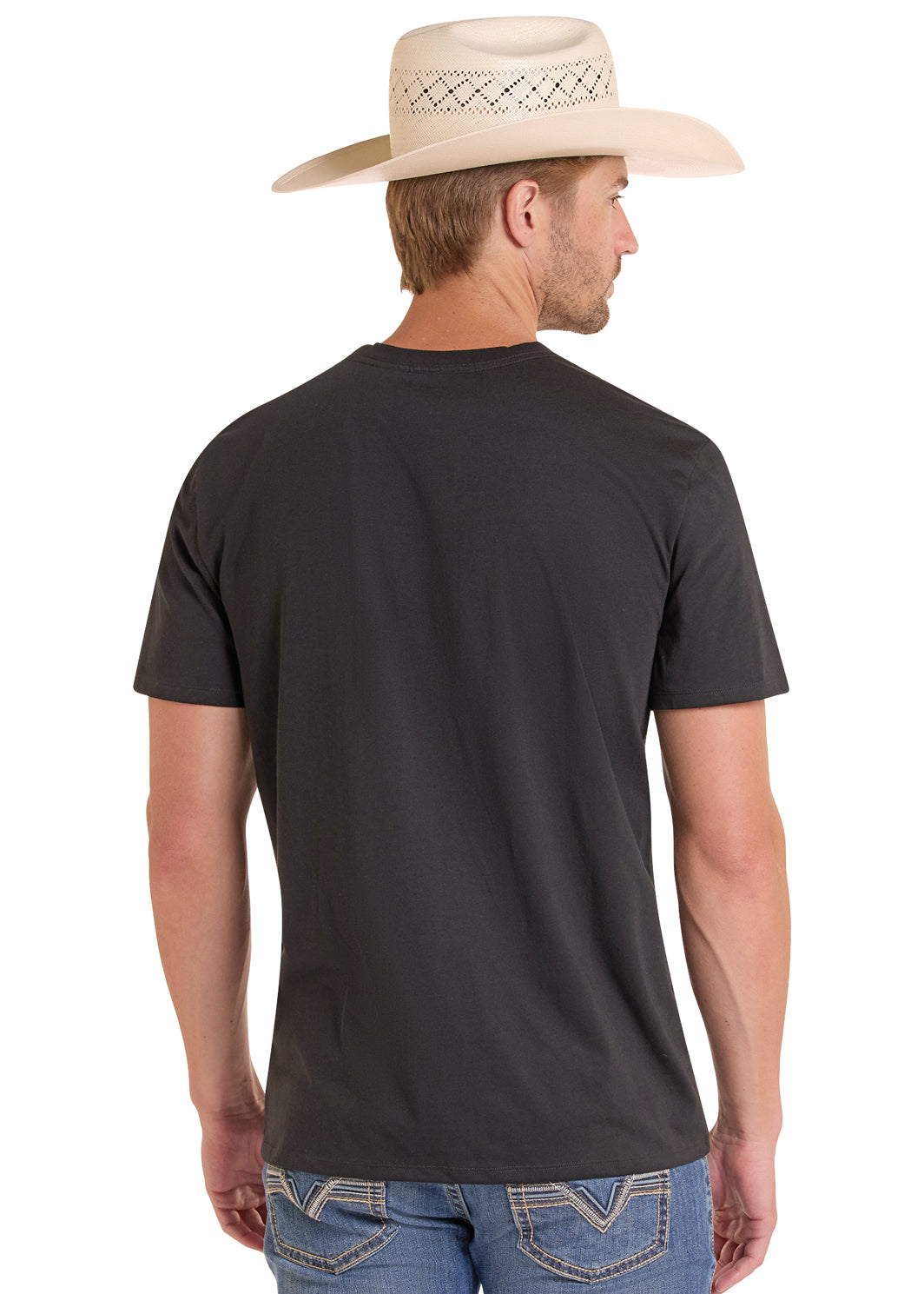 Man wearing a black t-shirt and cowboy hat on a white background