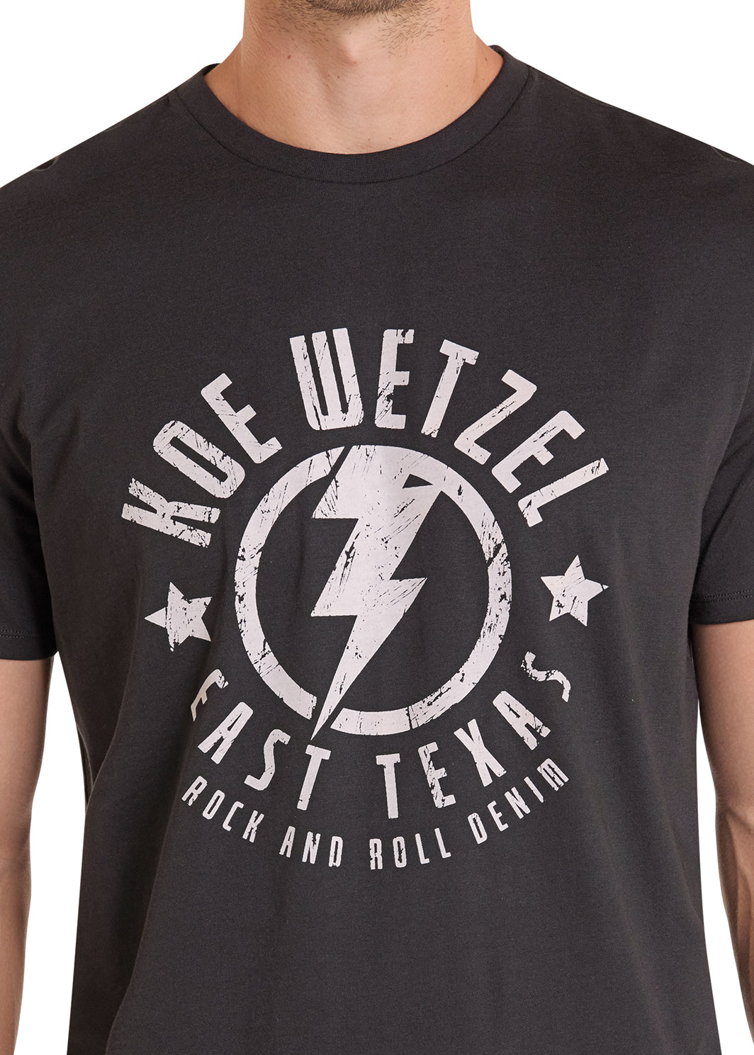 Black t-shirt with white Koe Wetzel graphic design and text on a white background