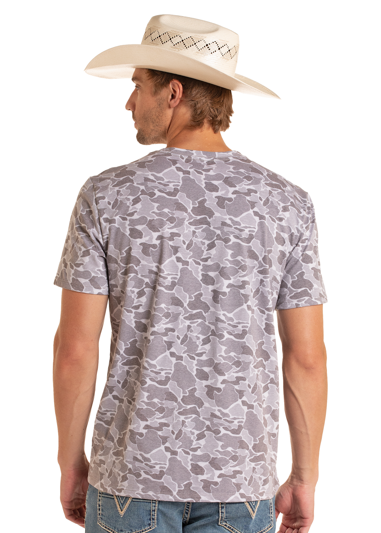 Man wearing a camouflage-patterned shirt and cowboy hat on a white background