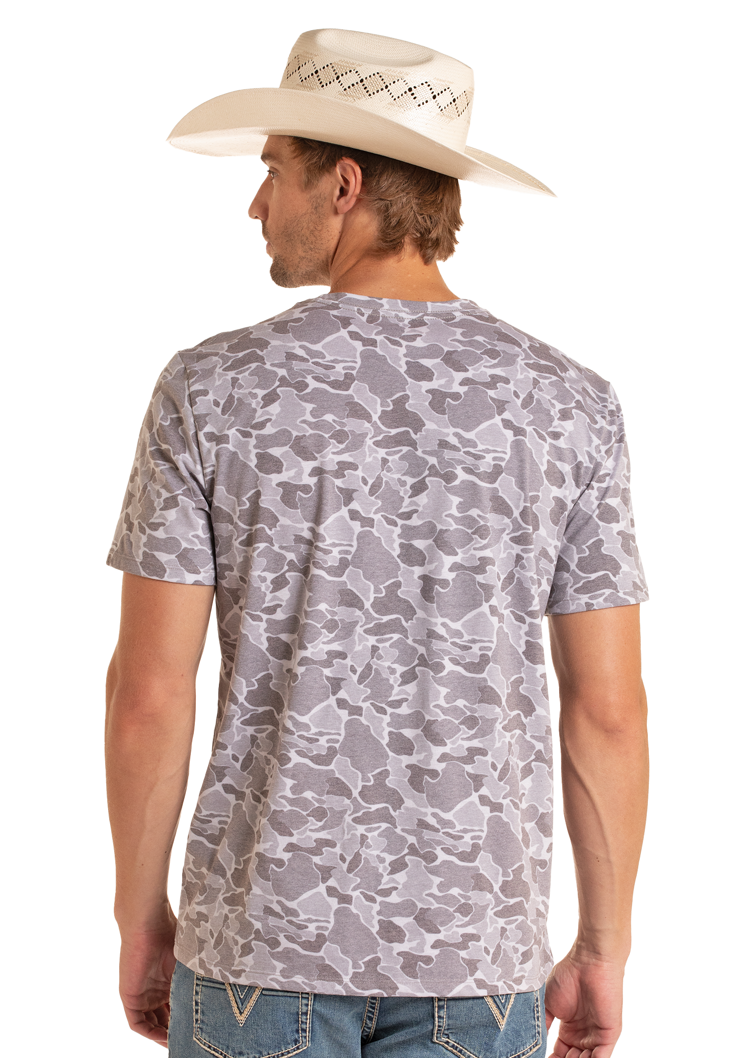 Man wearing a camouflage-patterned shirt and cowboy hat on a white background