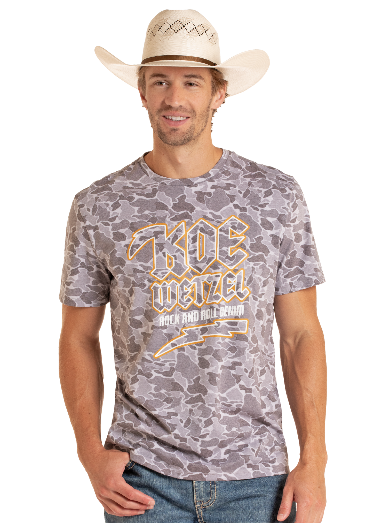 Man wearing a camouflage t-shirt with 'Koe Wetzel' branding on a white background