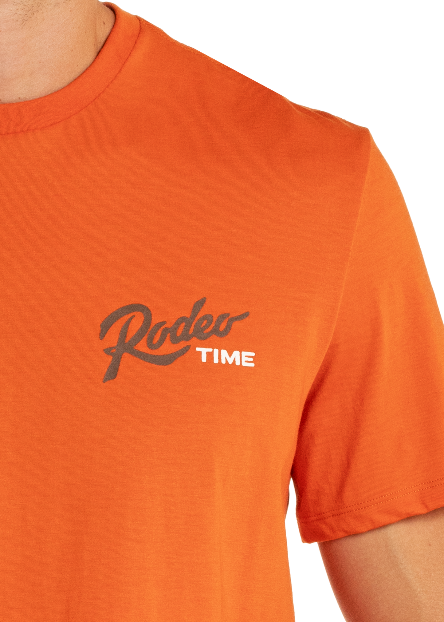 Orange t-shirt with 'Rodeo Time' text on a white background