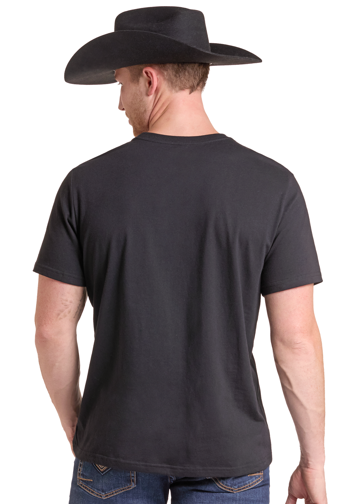 A man shown from the back wearing a black short-sleeve crewneck t-shirt and a black cowboy hat, paired with blue jeans, against a plain white background.