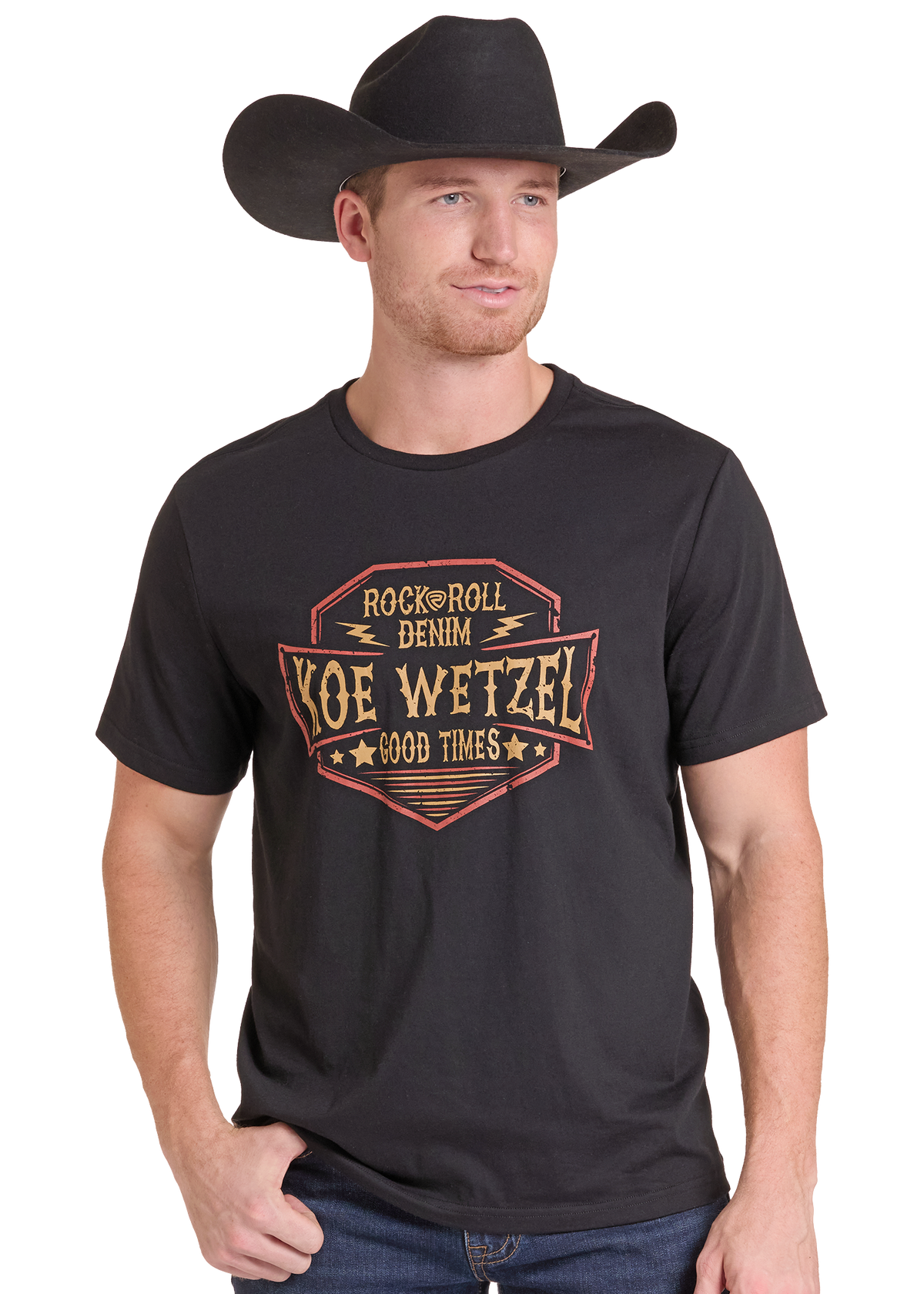 A man wearing a black cowboy hat and a black graphic t-shirt with a 'Koe Wetzel Rock Roll Denim' logo, set against a plain white background.
