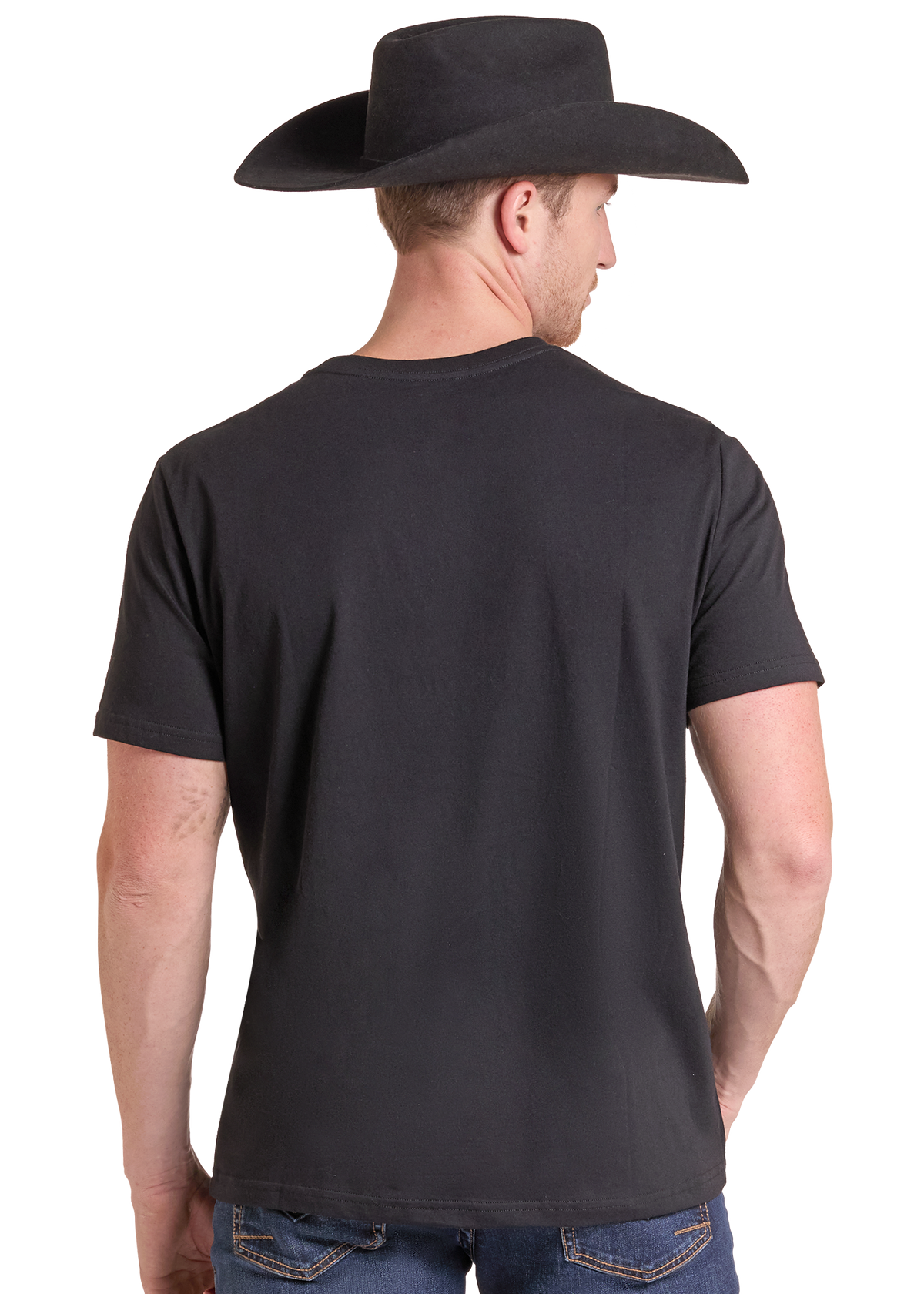 A man wearing a black short-sleeve crewneck t-shirt and a black cowboy hat, shown from the back against a plain white background.