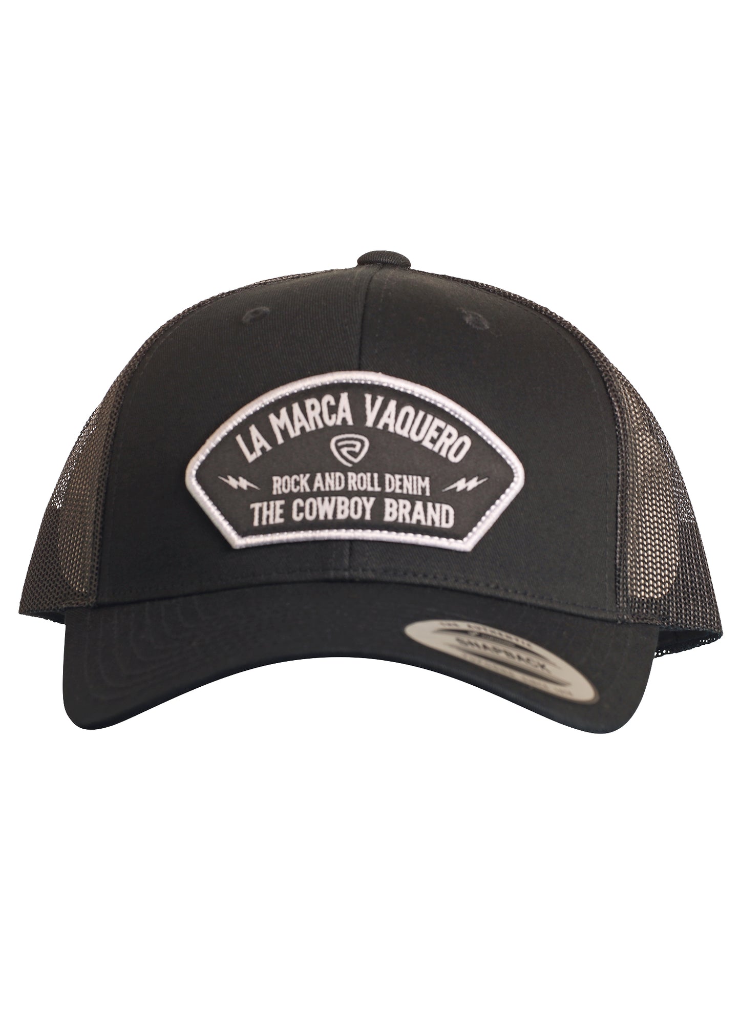 The La Marca Vaquero Cap by Rock & Roll Denim is a black mesh-back snapback with a structured crown, curved brim, and a front patch that reads "La Marca Vaquero Rock and Roll Denim The Cowboy Brand" in white.