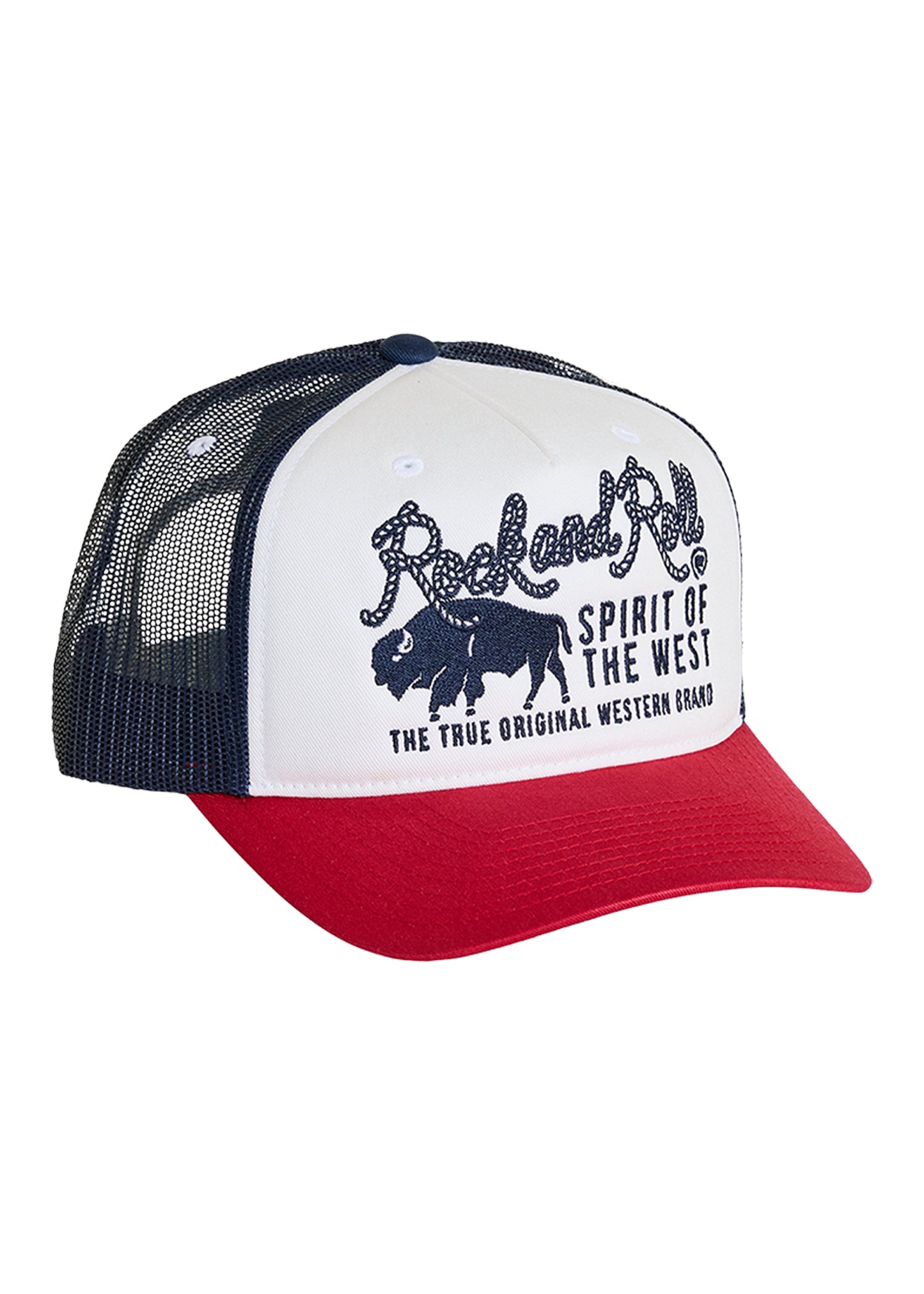 Trucker hat with 'Rock and Roll Spirit of the West' text and logo on a white background