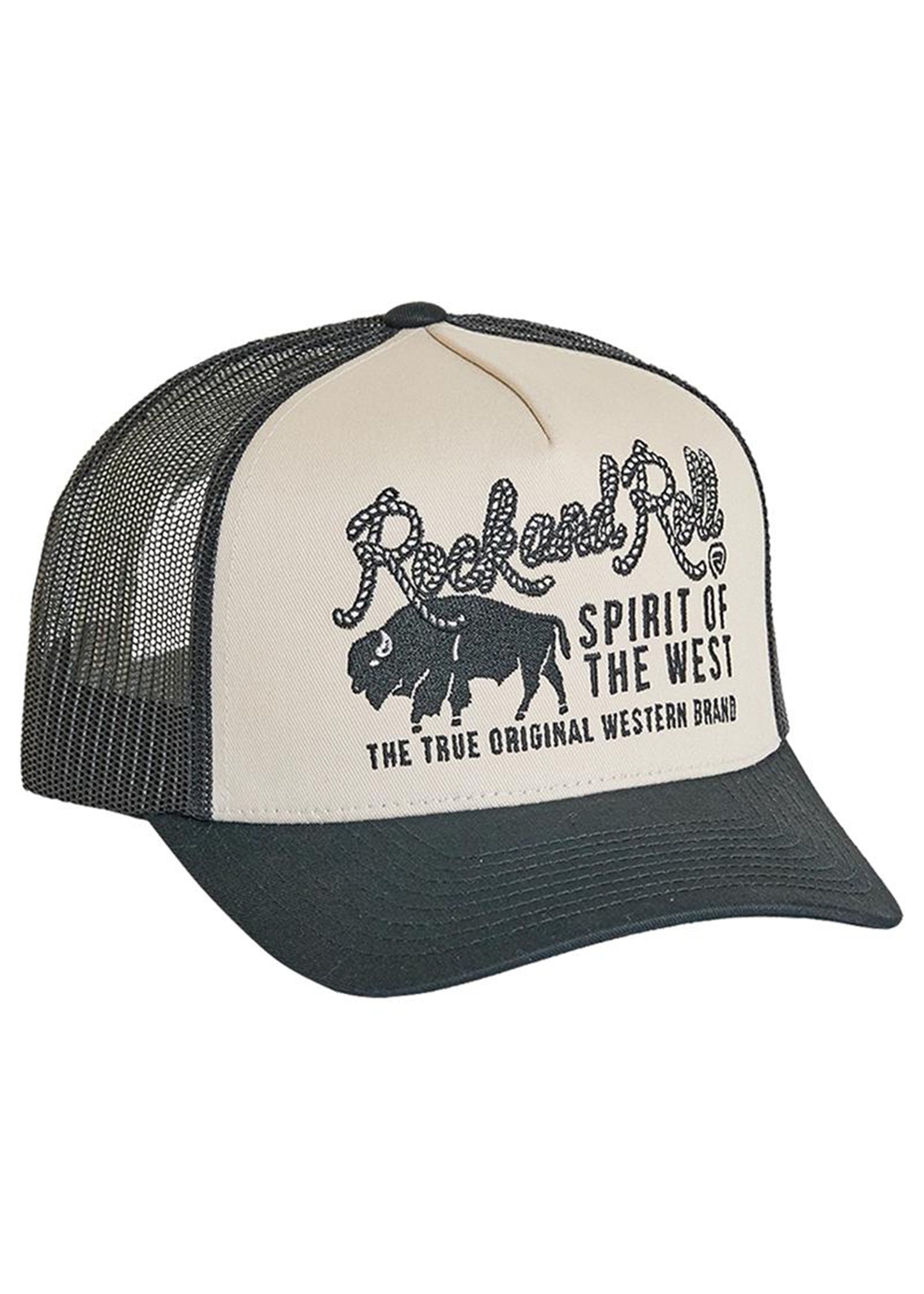 The Spirit of the West Cap by Rock & Roll Denim is a black and white mesh back hat with an adjustable snapback, featuring “Rock and Roll Spirit of the West" and a buffalo on the front, plus “The True Original Western Brand” below.