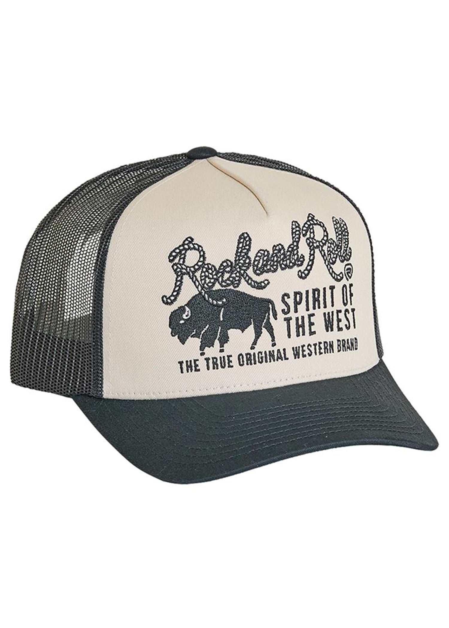The Spirit of the West Cap by Rock & Roll Denim is a black and white mesh back hat with an adjustable snapback, featuring “Rock and Roll Spirit of the West" and a buffalo on the front, plus “The True Original Western Brand” below.