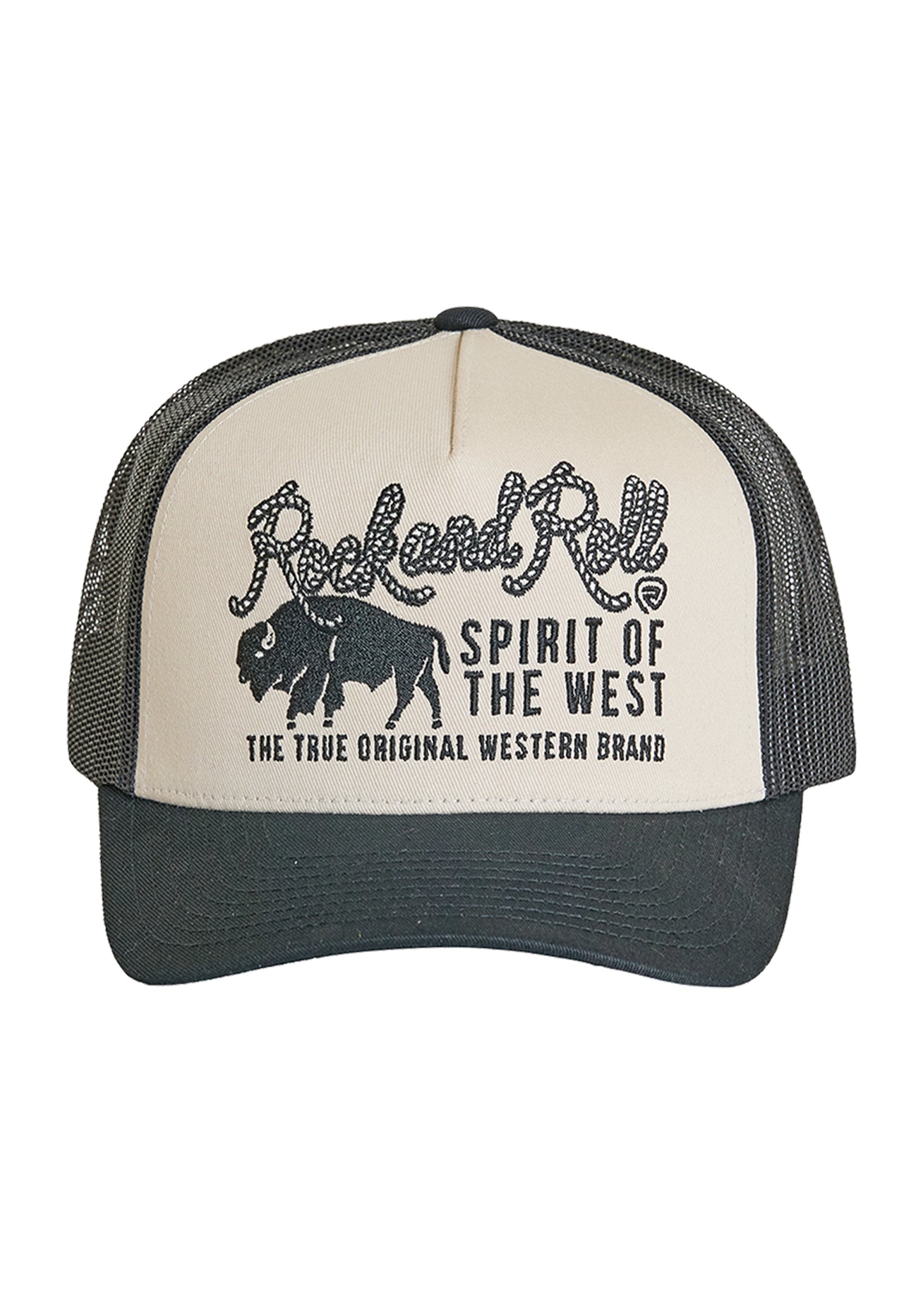 The Spirit of the West Cap by Rock & Roll Denim is a beige and black mesh back snapback, featuring a buffalo graphic and “Spirit of the West The True Original Western Brand” text on the front for classic western style.