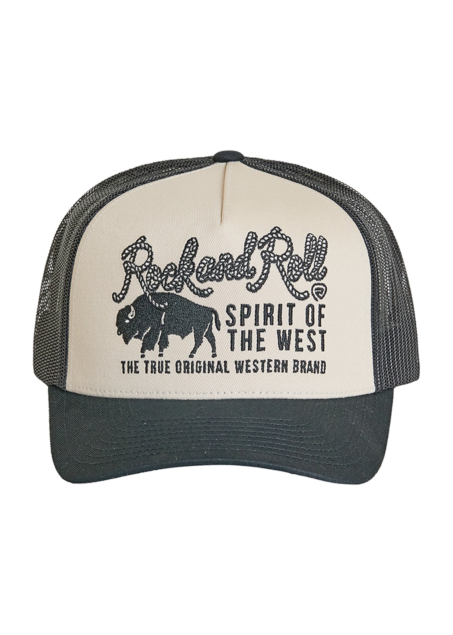 The Spirit of the West Cap by Rock & Roll Denim is a beige and black mesh back snapback, featuring a buffalo graphic and “Spirit of the West The True Original Western Brand” text on the front for classic western style.