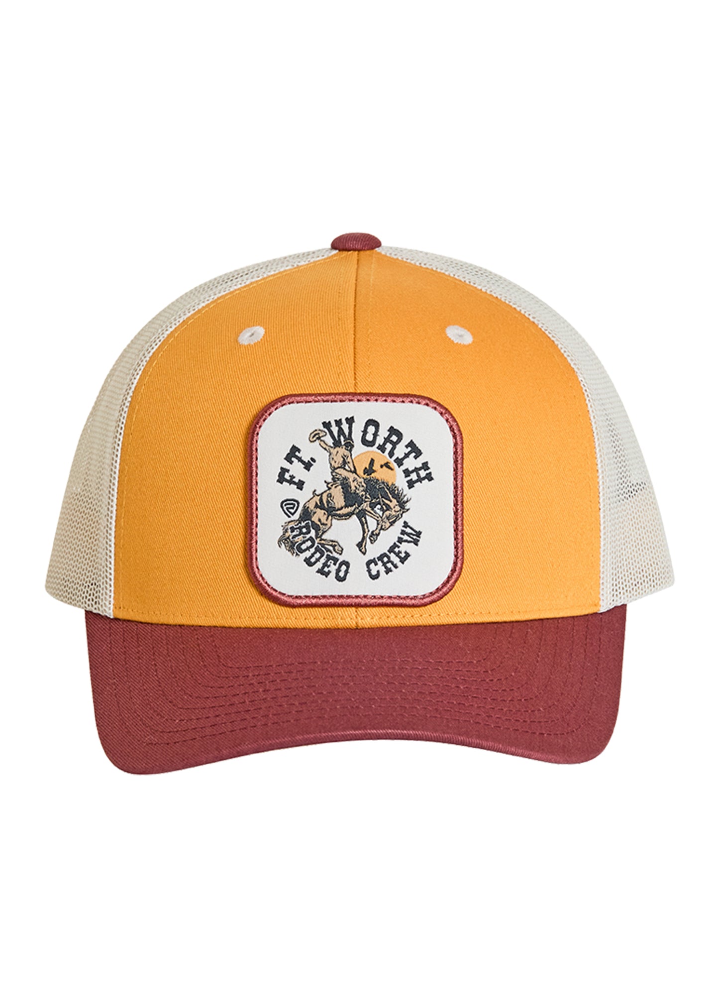 Yellow and red cap with a white patch featuring text and graphics on a white background