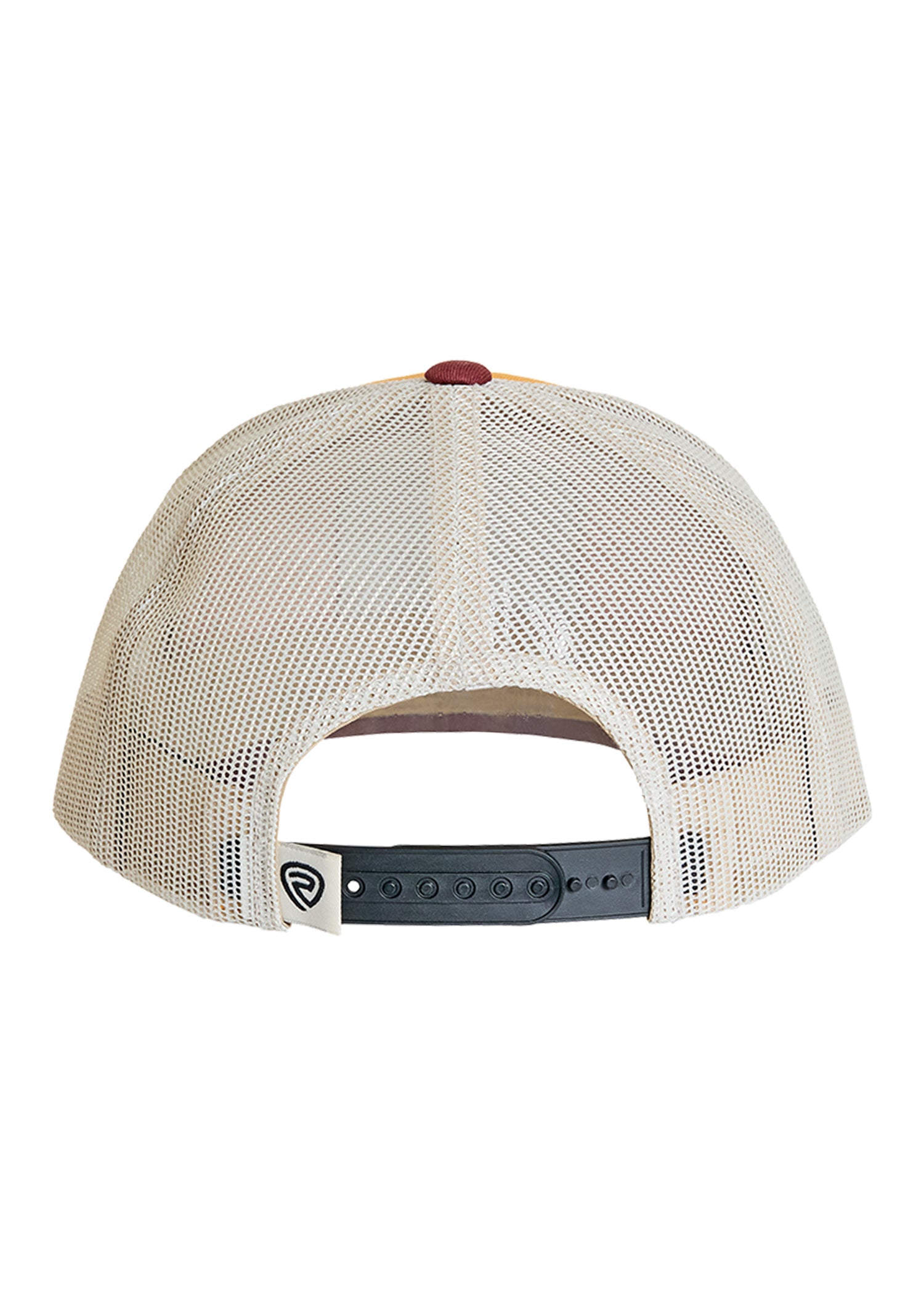 Beige mesh cap with a red button and black logo on a white background