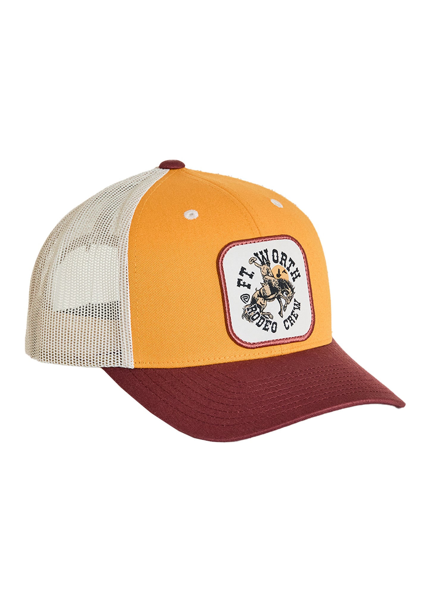 Yellow and red cap with a white patch featuring text and graphics on a white background