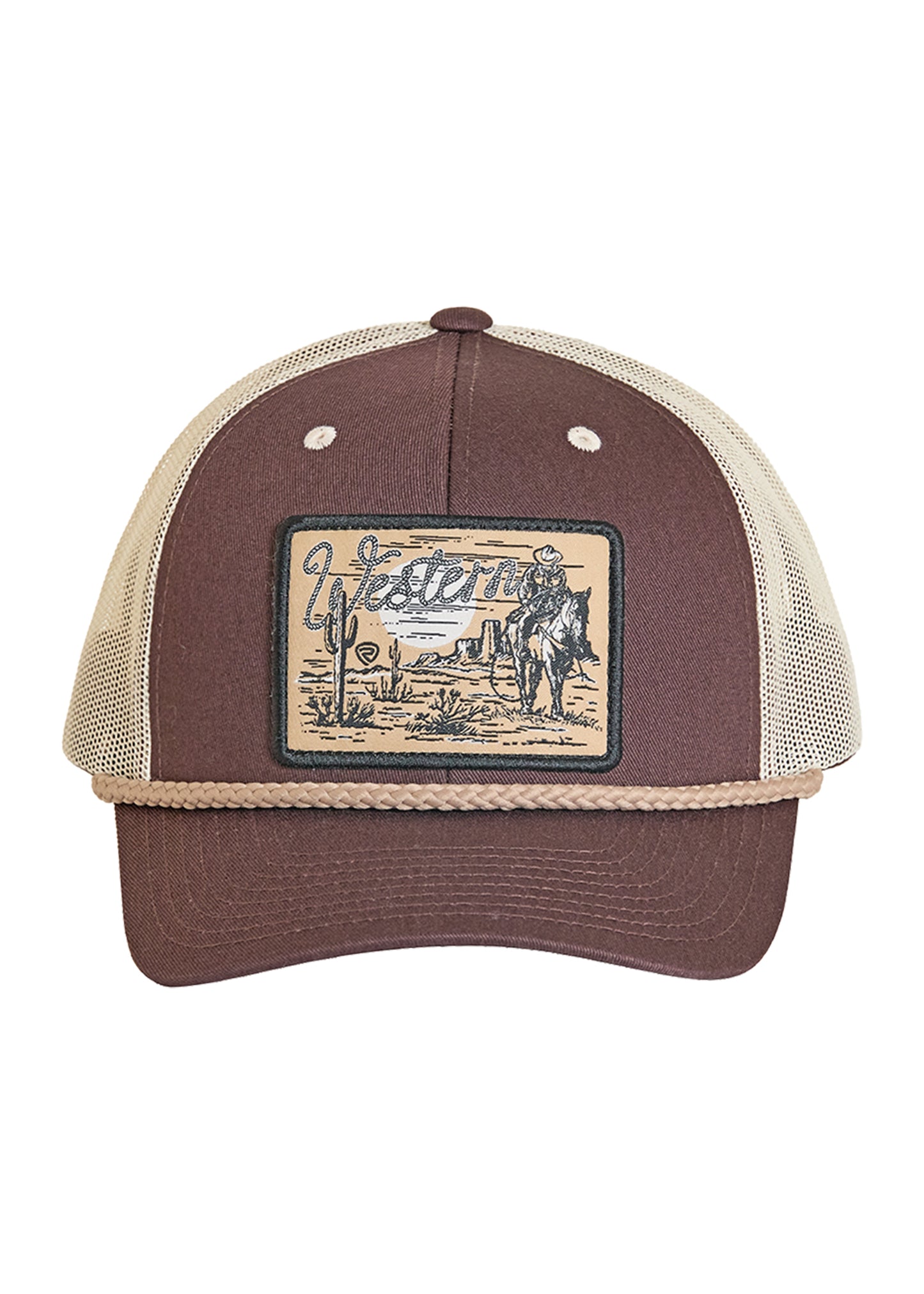 Brown and beige trucker hat with a desert scene patch on a white background