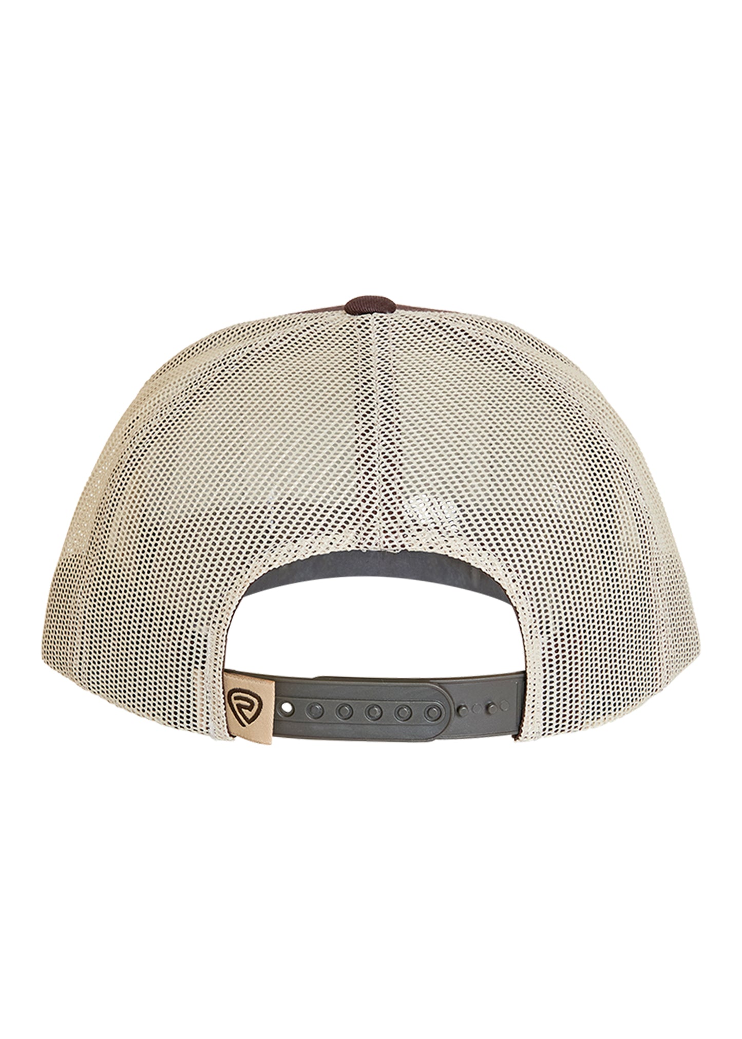 Beige mesh cap with a brown brim and gray bill on a white background