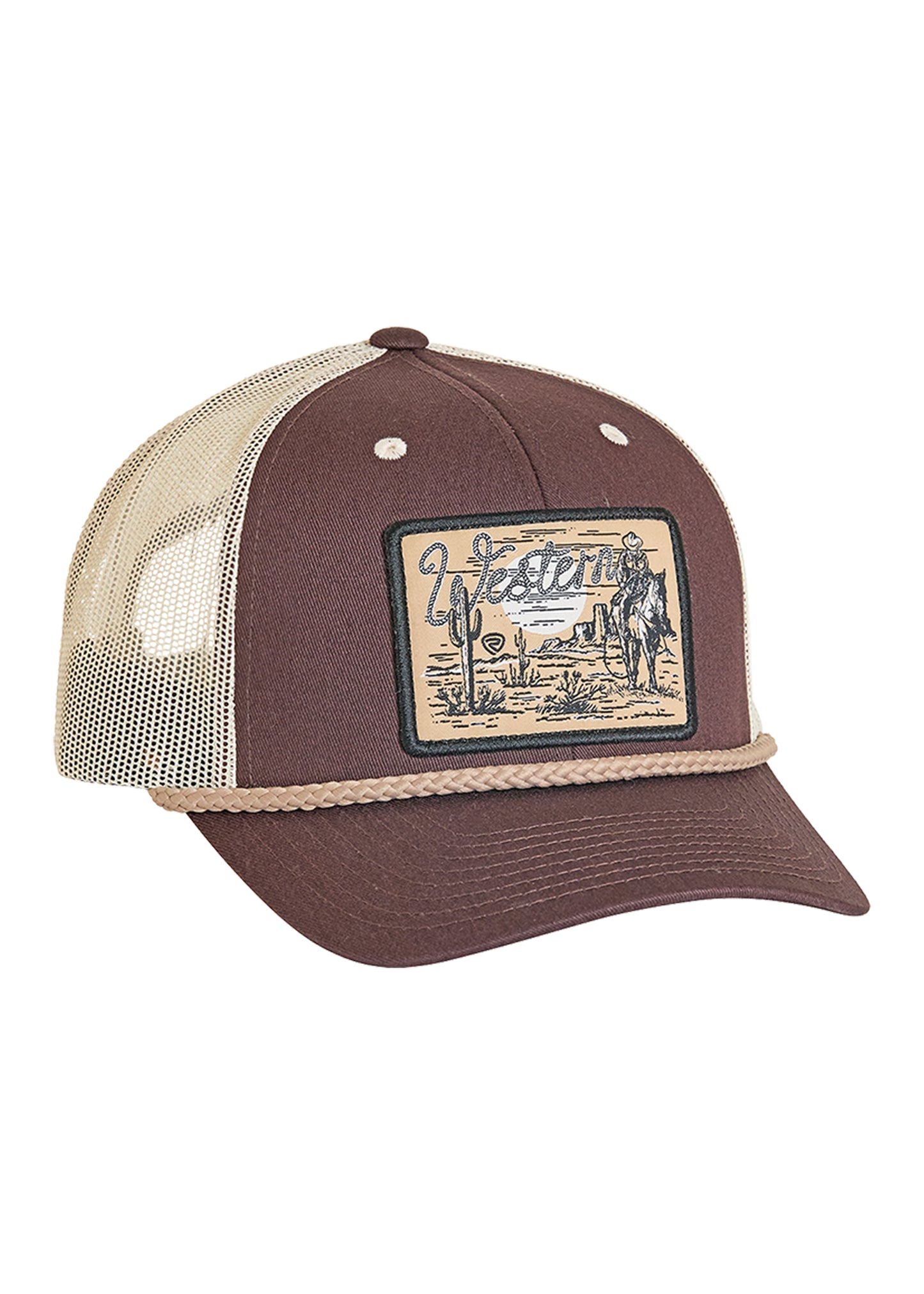 Brown and beige trucker hat with a desert scene patch on a white background