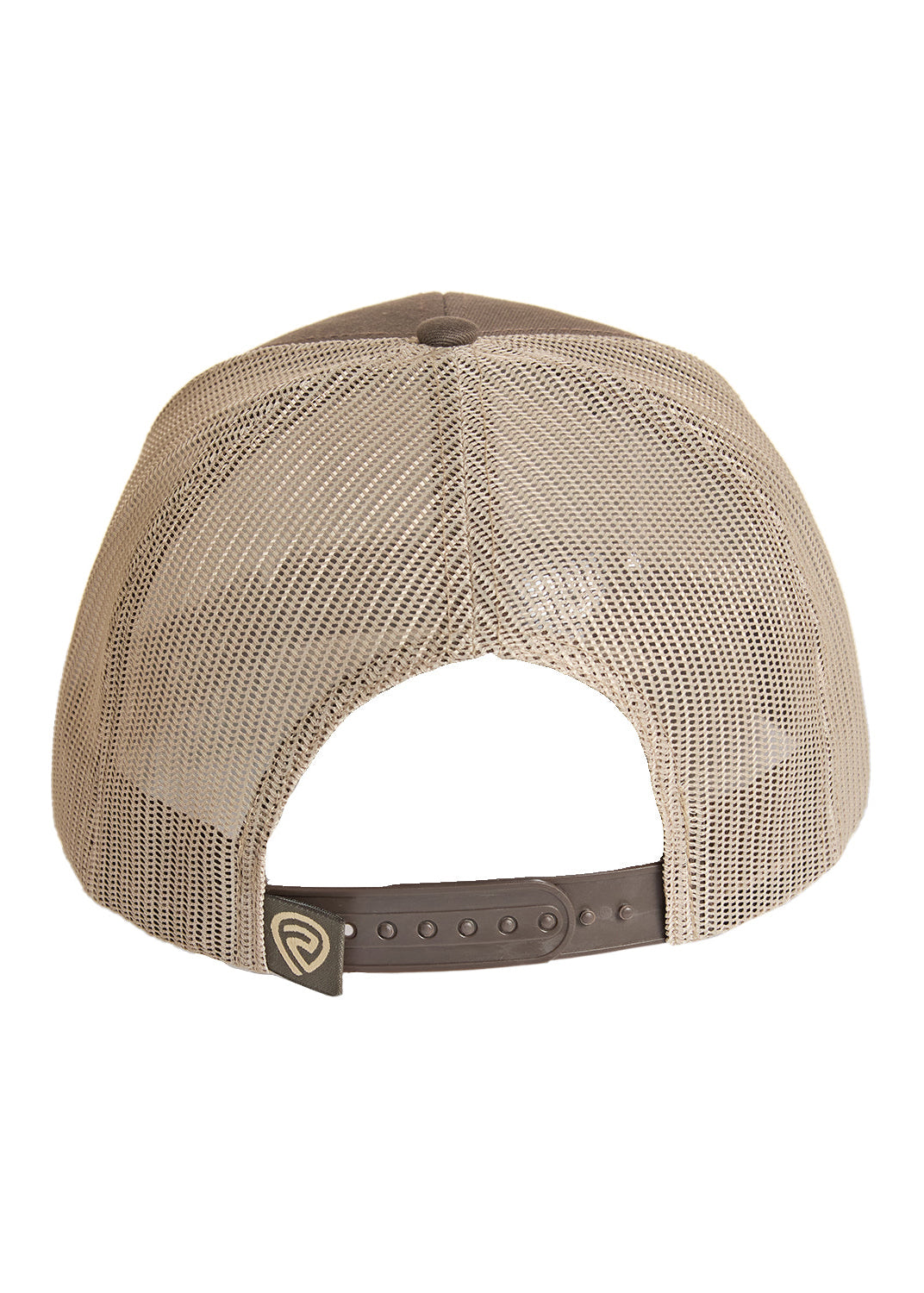 Beige mesh cap with brown leather strap on a white background