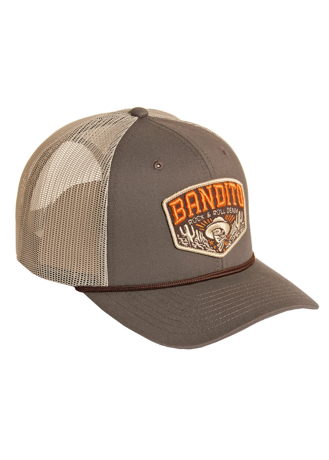 Brown and beige cap with a 'Bandito' logo on a white background