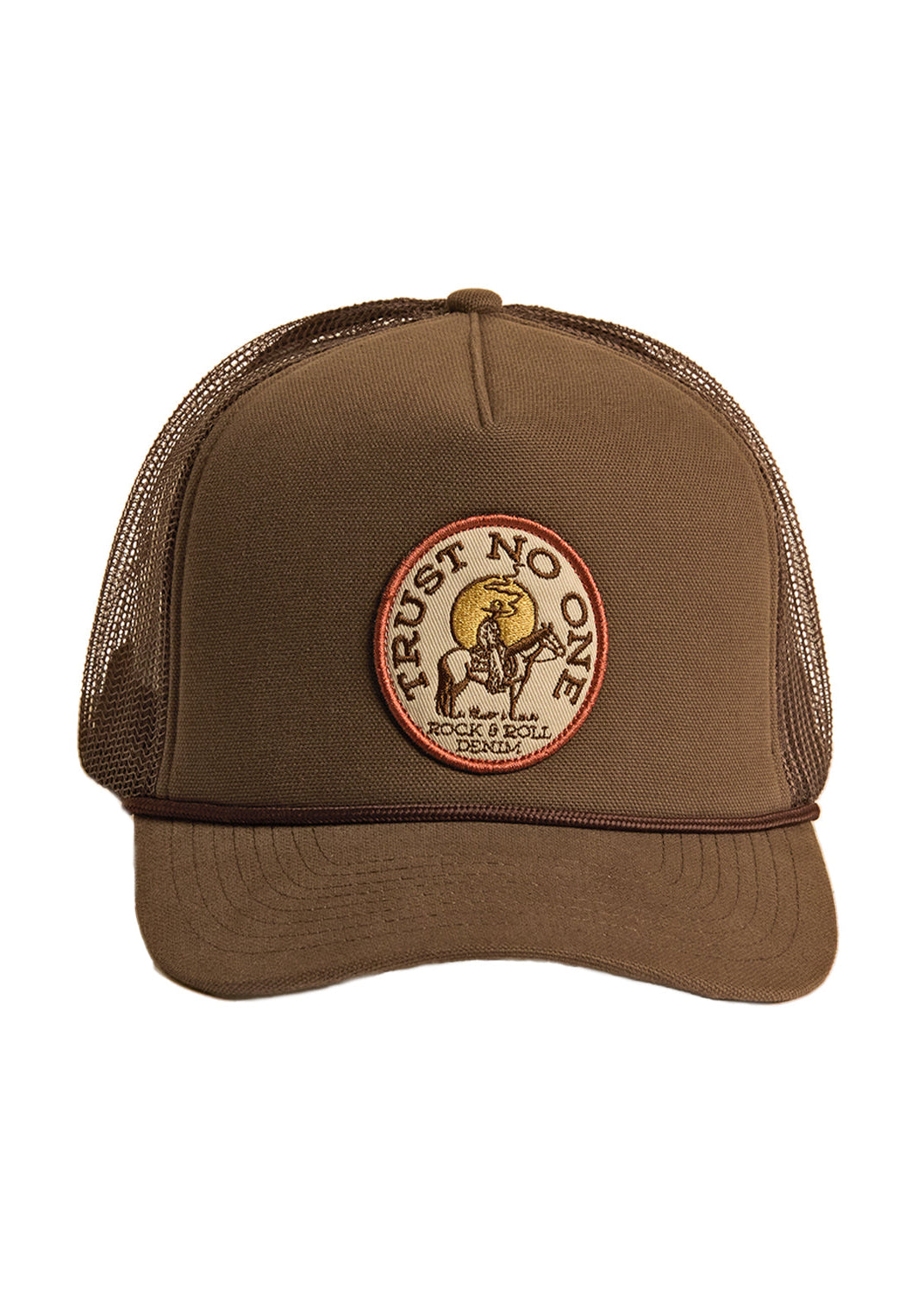 Brown trucker cap with a circular patch featuring text and graphics on a white background
