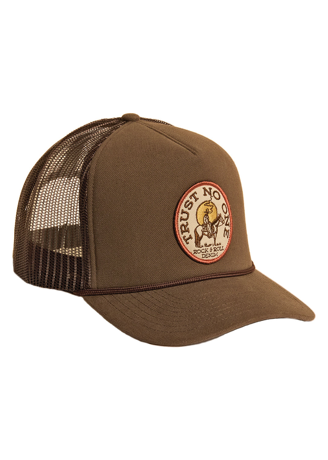 Brown trucker cap with a logo on a white background
