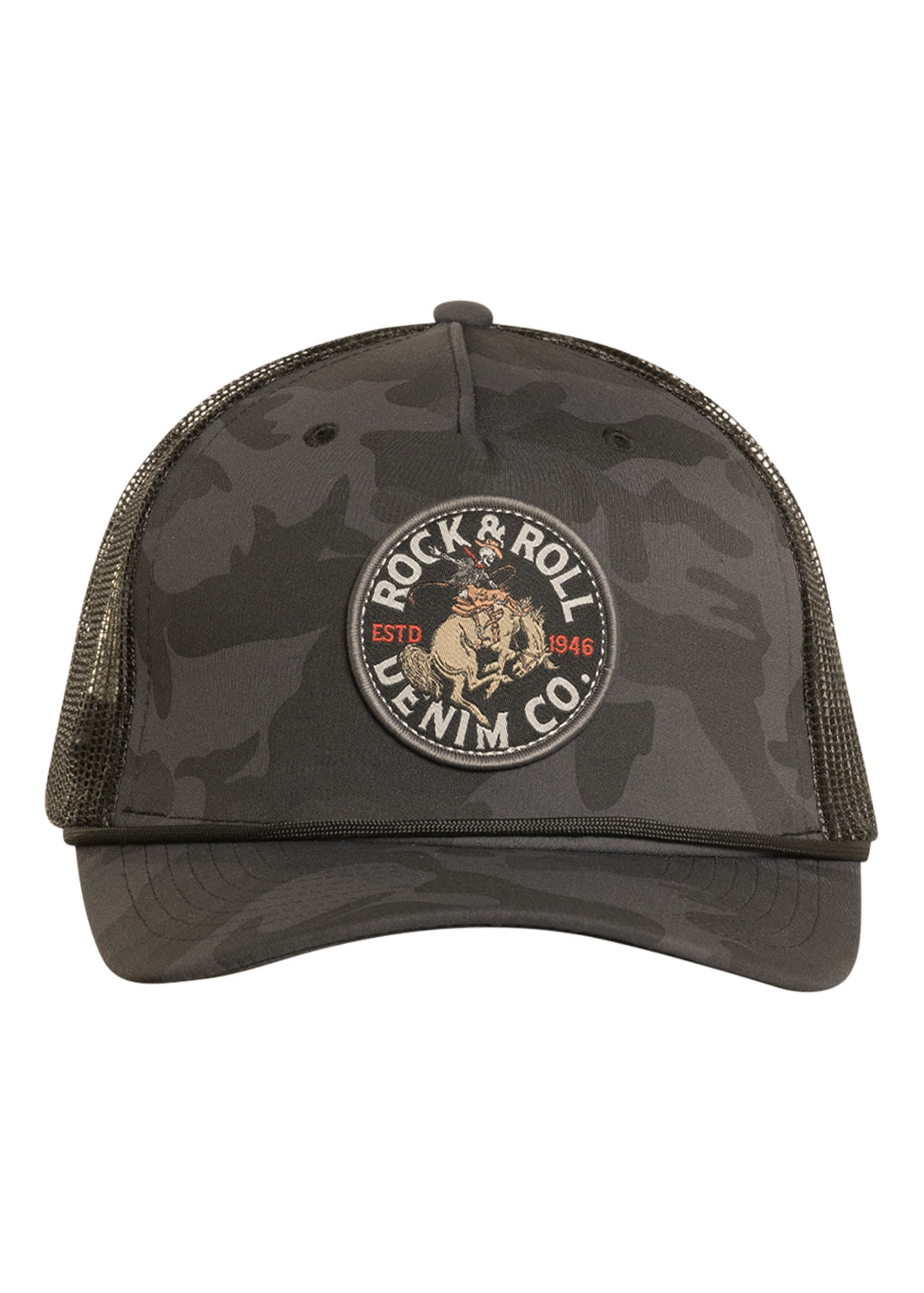 Camouflage baseball cap with 'Rock & Roll Denim Co.' logo on a white background