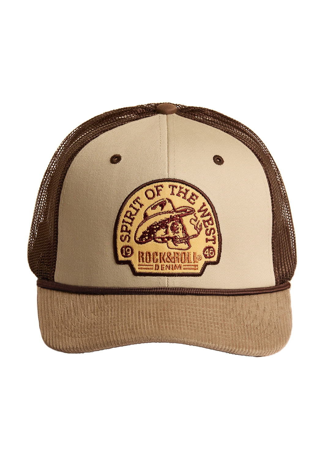 Beige and brown trucker hat with 'Spirit of the West' logo on a white background