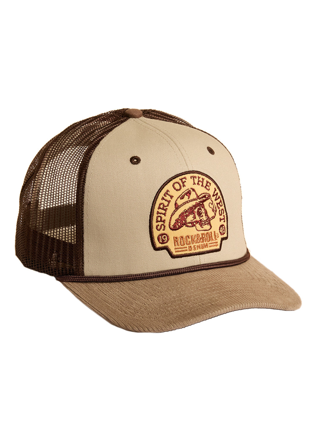 Beige and brown trucker hat with a logo on a white background