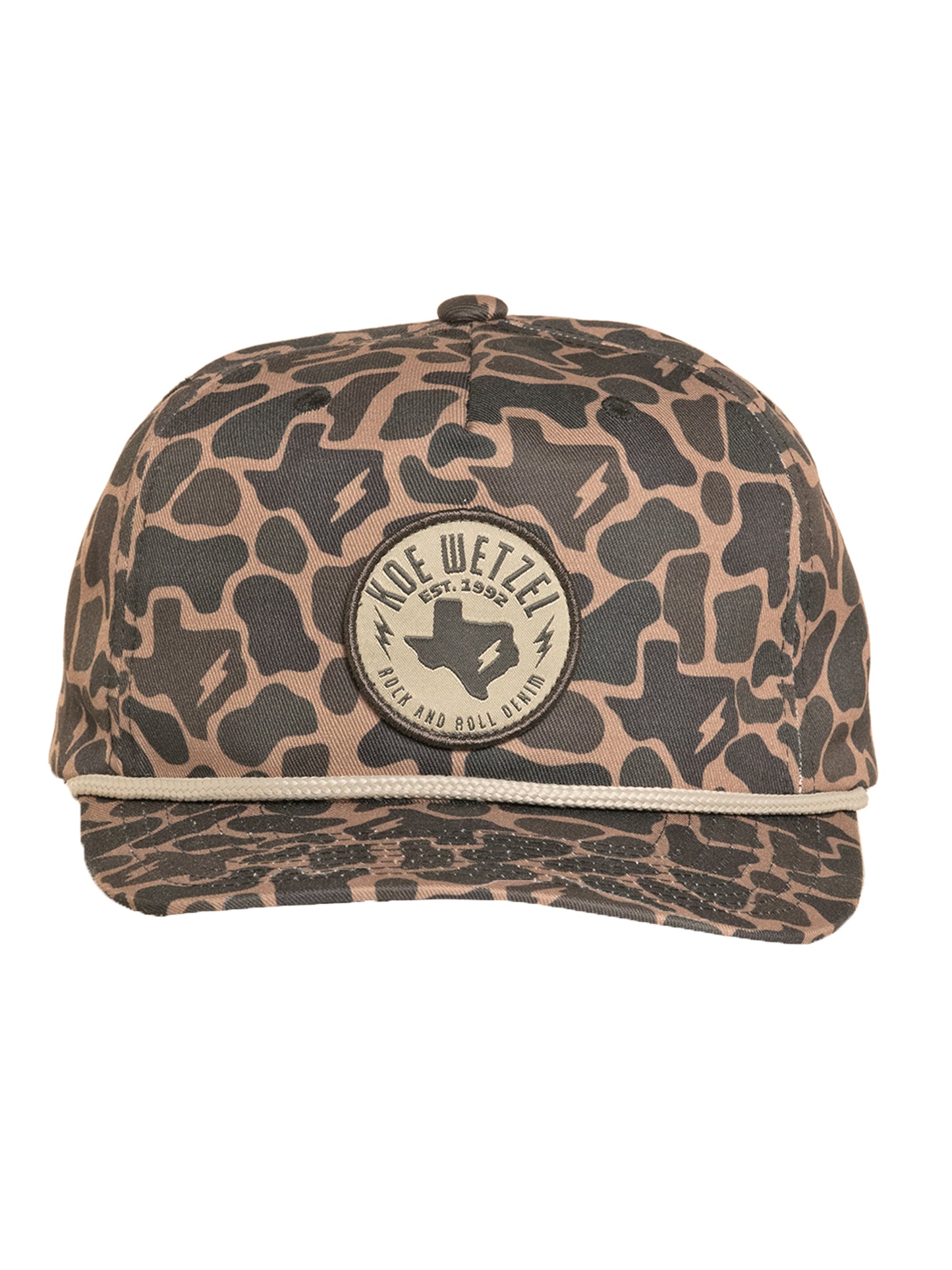 Camouflage-patterned cap with a Koe Wetzel logo on a white background