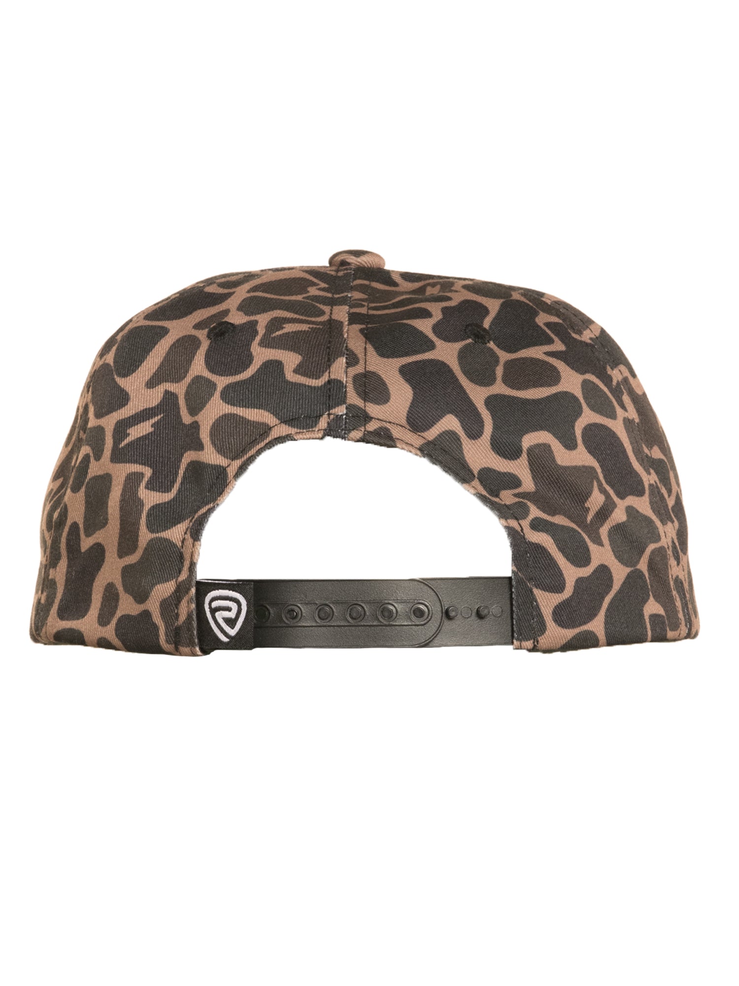 Camouflage-patterned cap with a brand logo on a white background