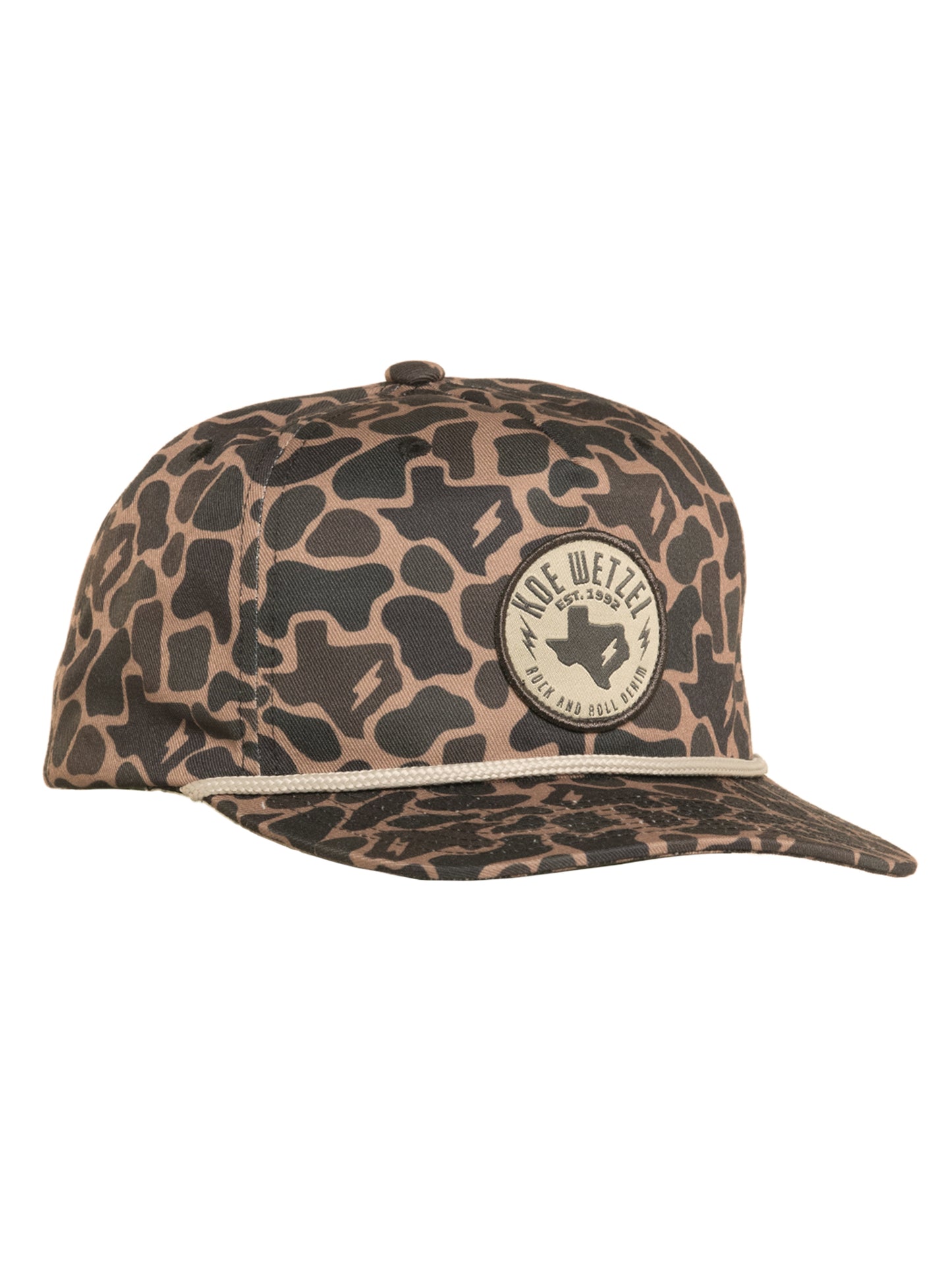 Camo print cap with a Koe Wetzel logo on a white background