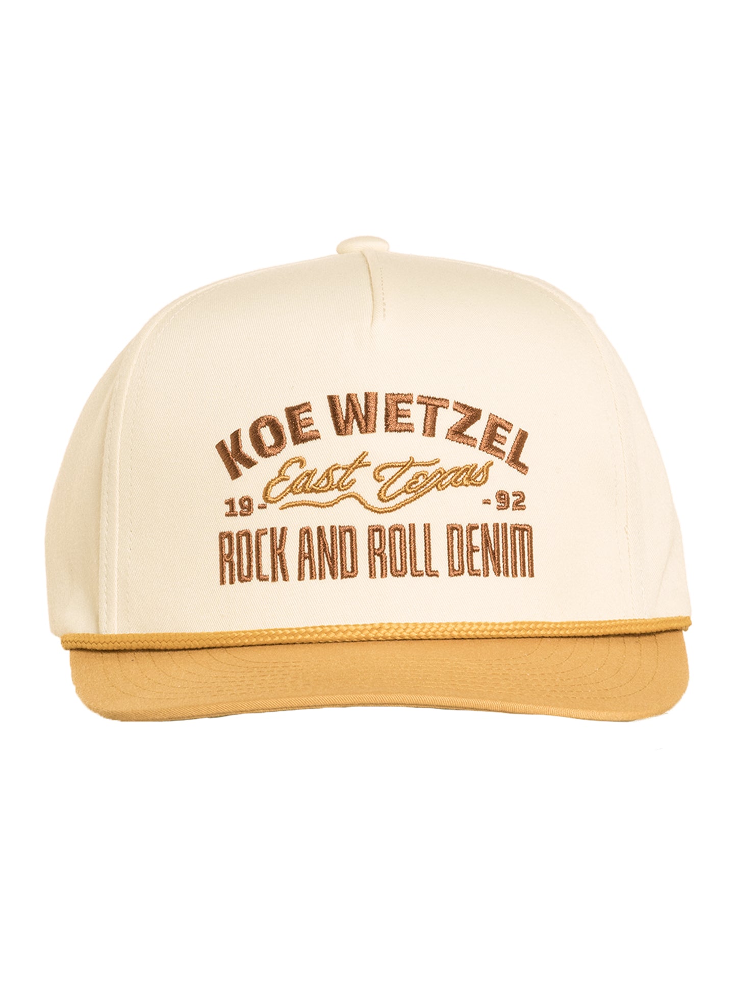 Koe Wetzel beige cap with brown text on a white background