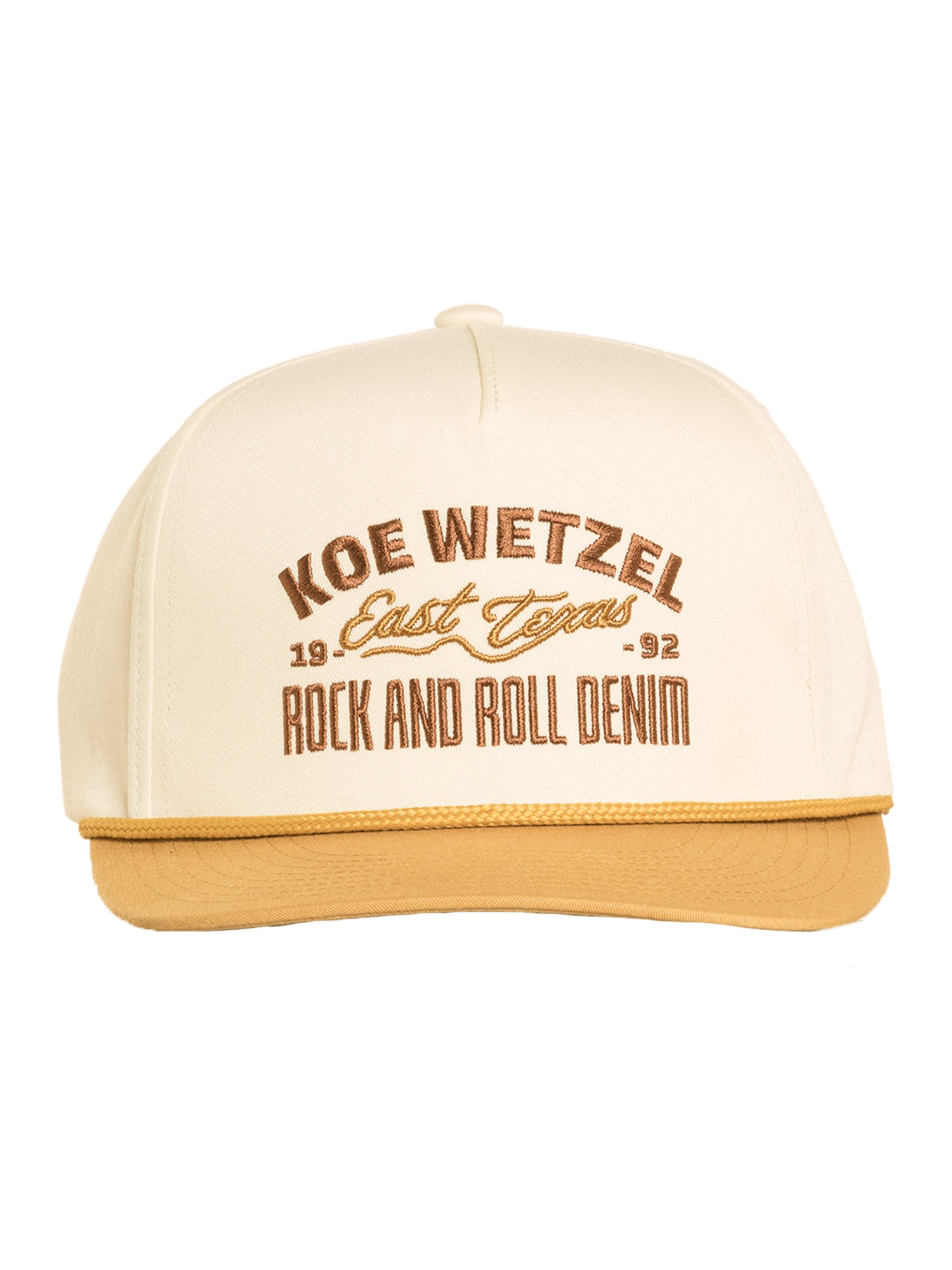 Koe Wetzel beige cap with brown text on a white background