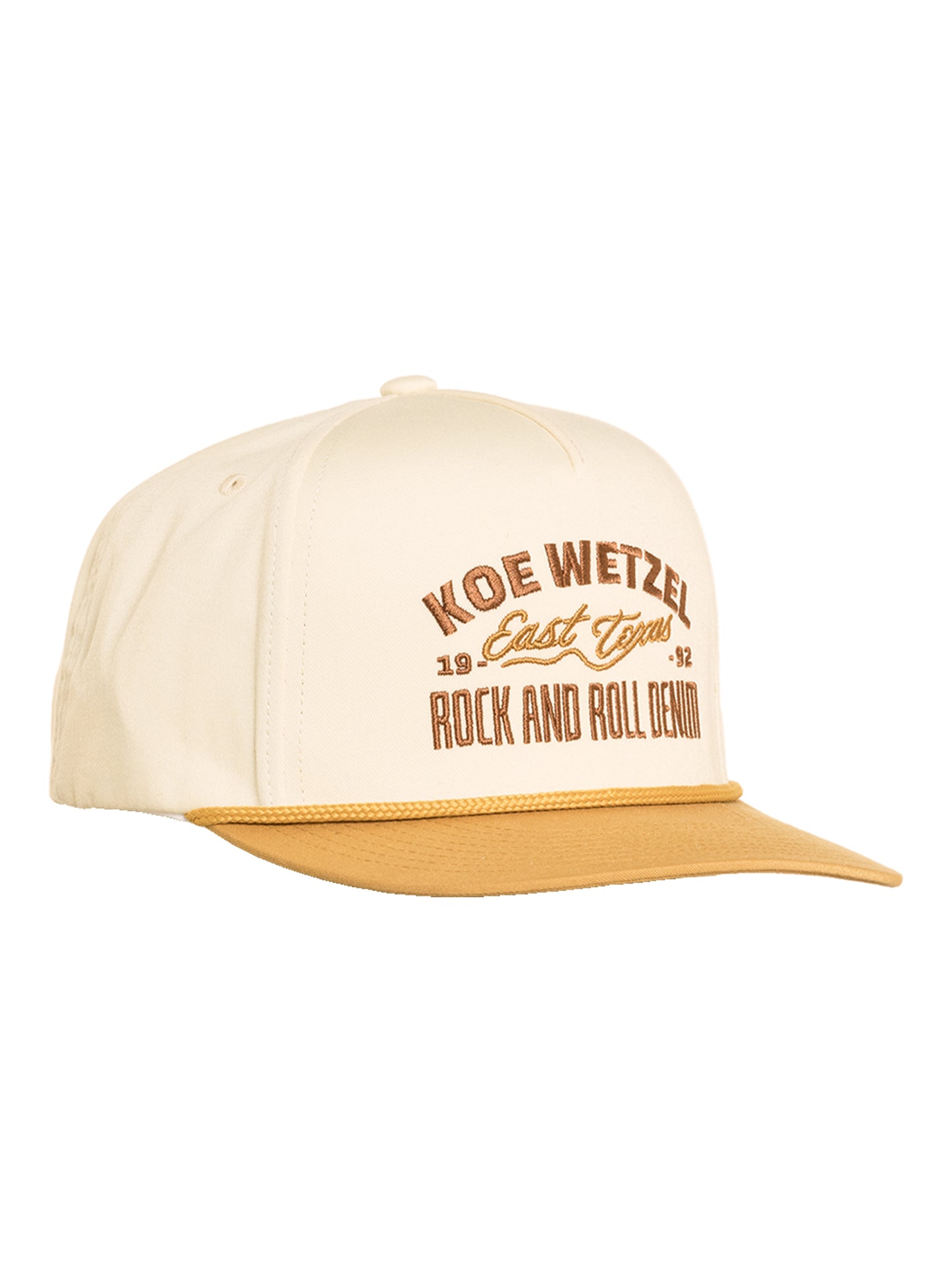 Koe Wetzel beige cap with brown text on a white background