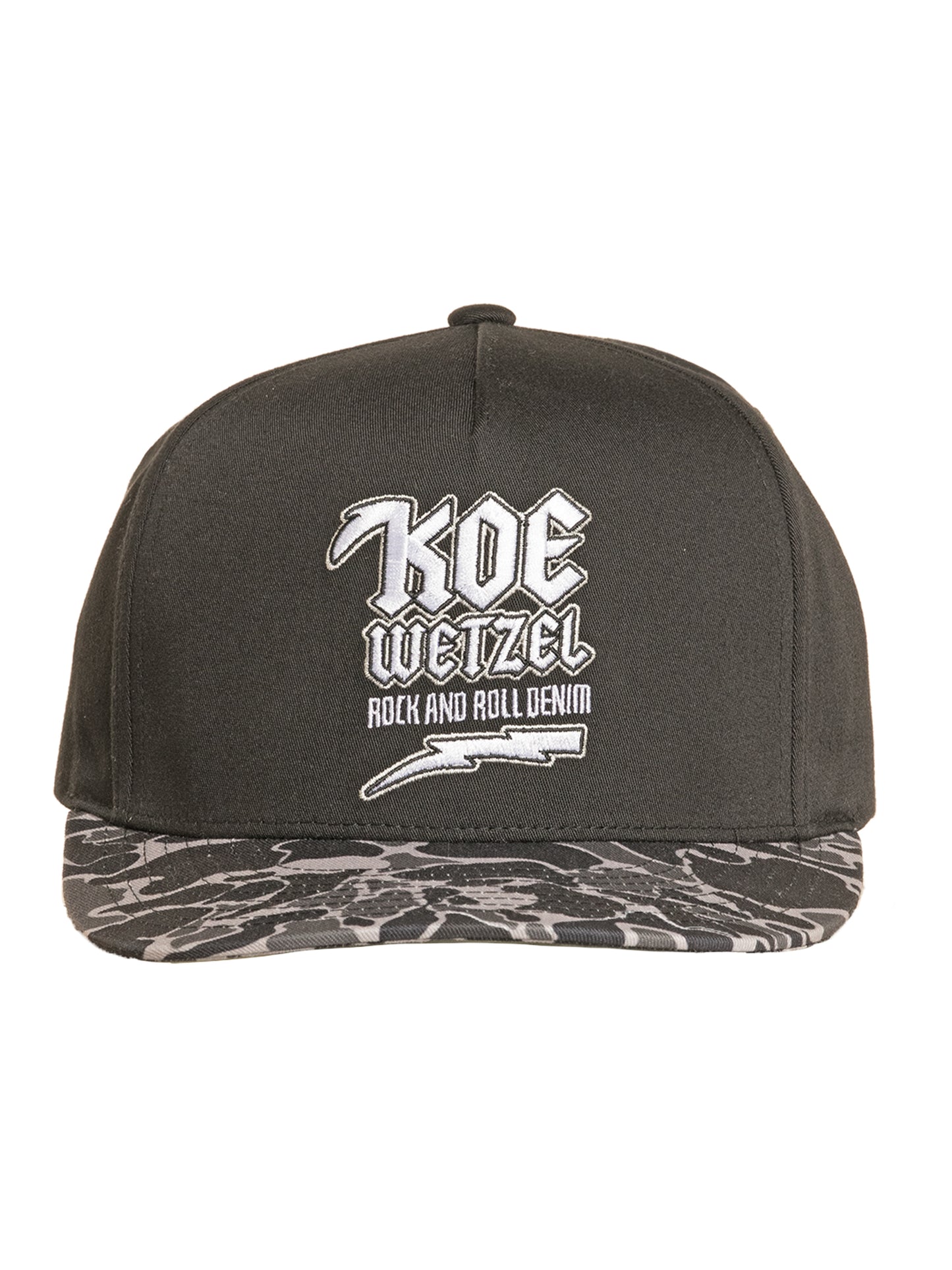 Black cap with white Koe Wetzel text and design on a white background