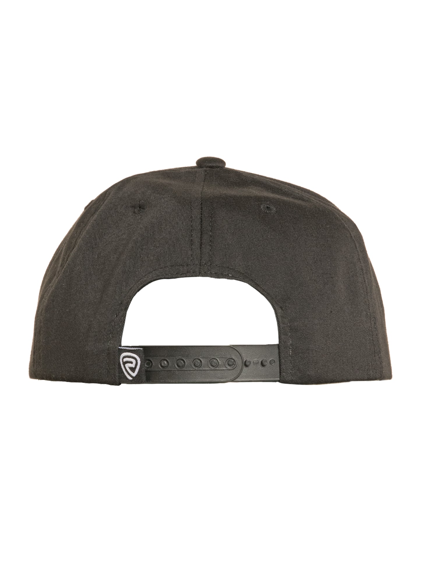 Black cap with a brand logo on the back against a white background